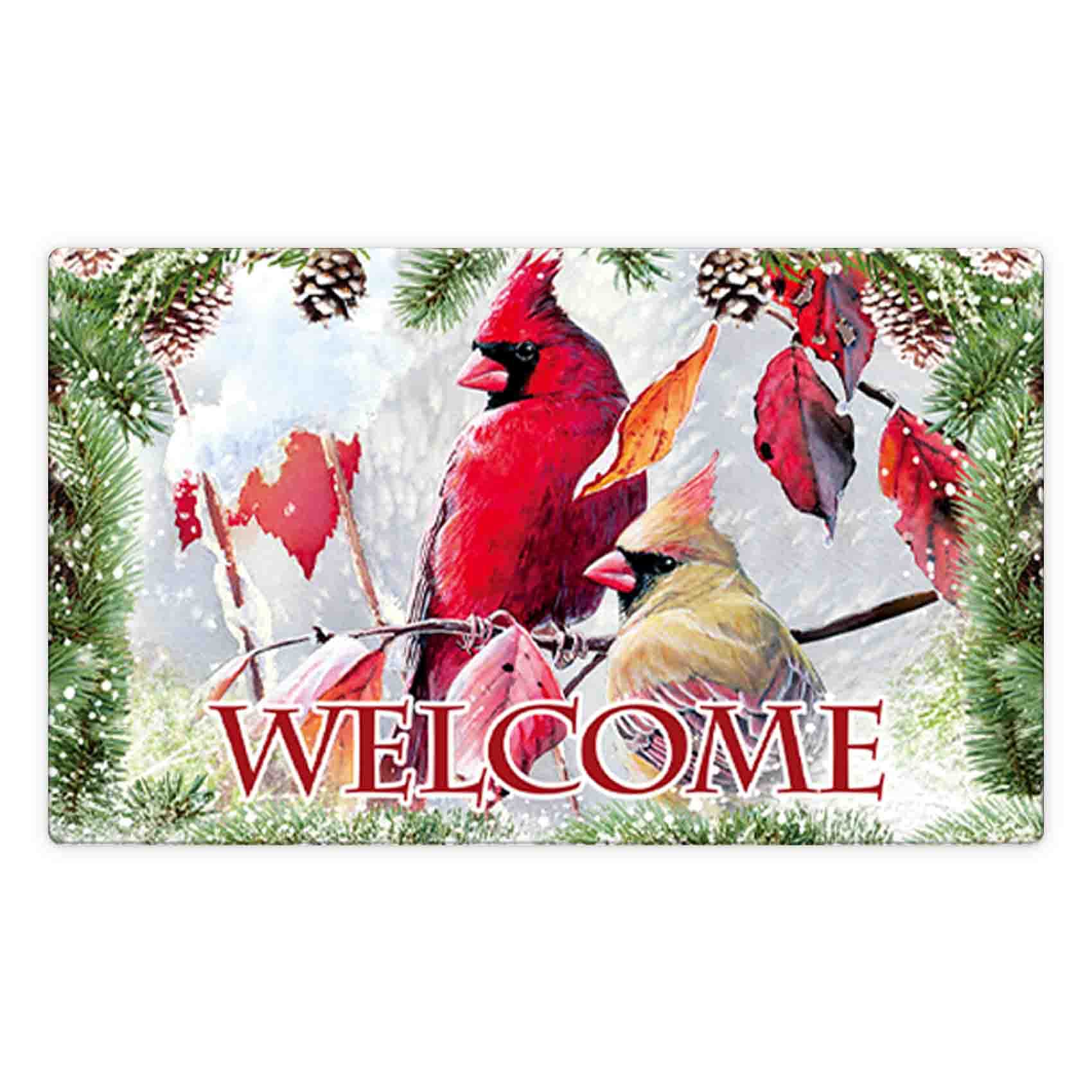 Morigins Welcome Holly Cardinals Rubber Doormat - 18x30 Inch Non-Slip Winter Floor Mat for Snowy Days - Perfect for Front Door, Porch & Holiday Decor