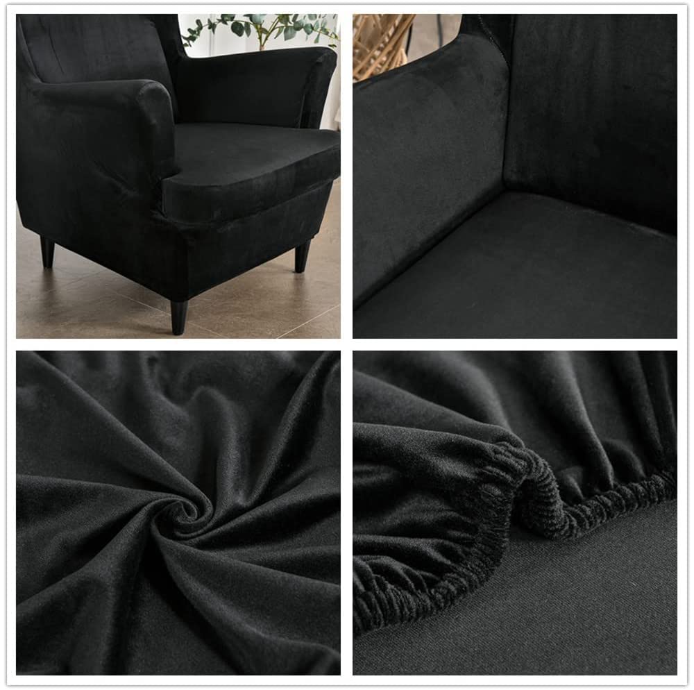 Velvet Wingback Chair Slipcover 2-Piece Set - Stretchable Spandex Fabric with Elastic Bottom - Printed Wing Chair Cover for Living Room, Study, or Bedroom - Black