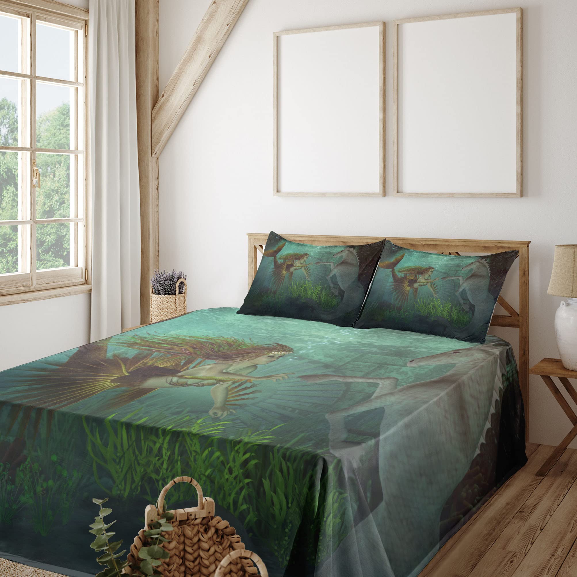 Ambesonne Mermaid Bedding Set 4-Piece - King Size Fitted & Flat Sheets with Pillowcases, Underwater Fantasy Design with Mermaids & Seahorses in Amber Green Aqua - Perfect for Kids' Rooms, Beach Themed Decor, or Fantasy Lovers' Bedrooms