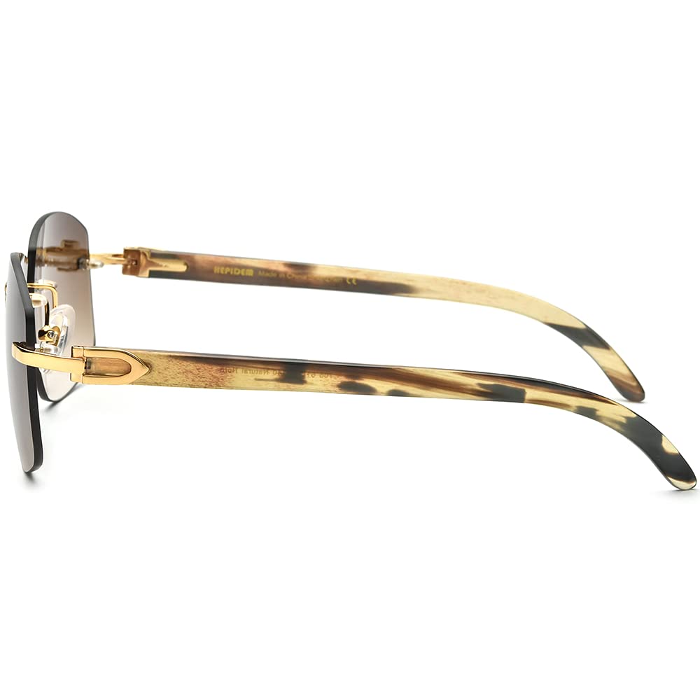 HEPIDEM 100% Genuine Buffalo Horn Sunglasses for Men - Rimless Square Frame UV Protection - Stylish Outdoor, Driving & Fashion Accessories