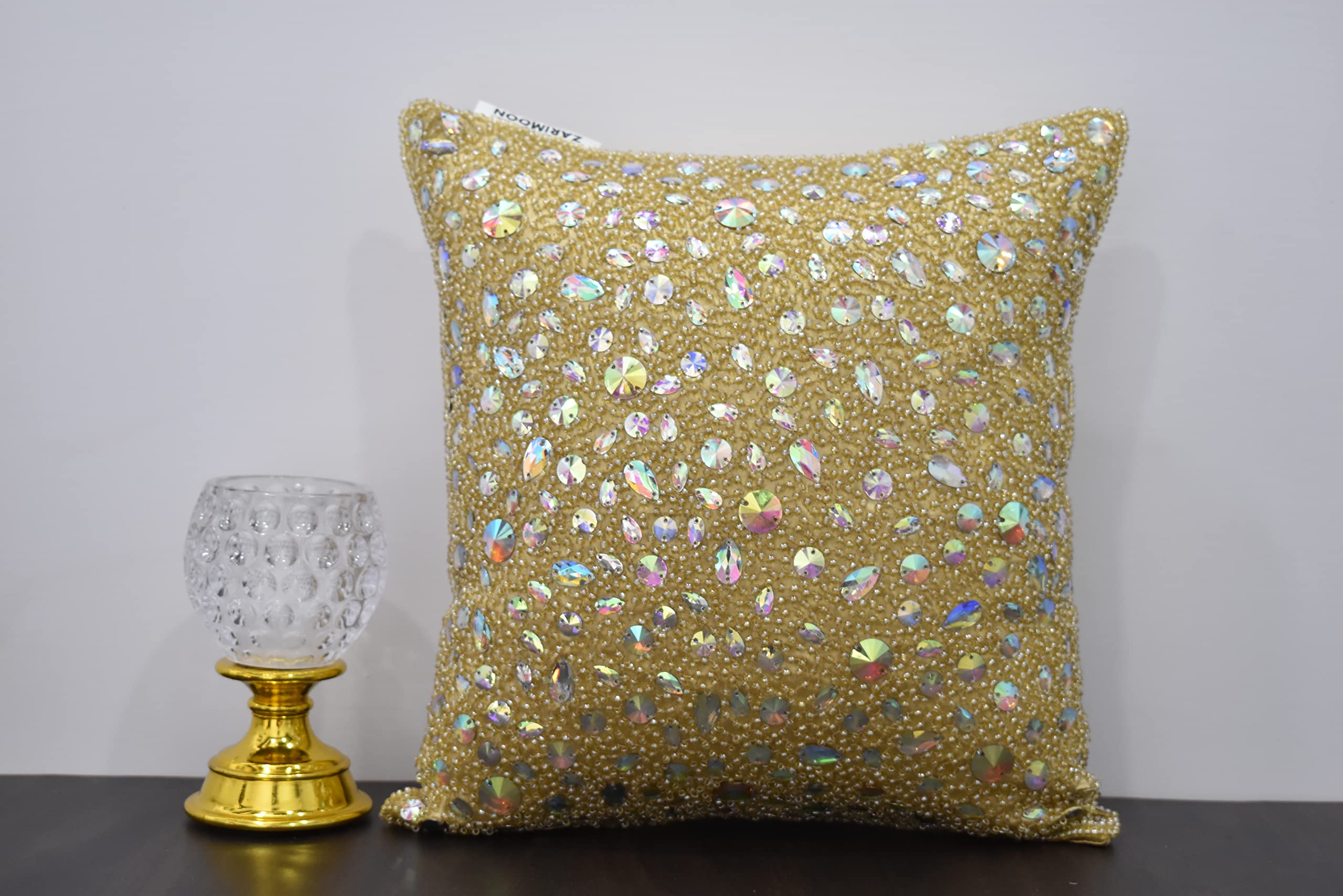 Luxury Gold Handmade Beaded Pillow Cover - 26x26 Inch Embroidered Decorative Throw Pillow for Sofa & Bed - Modern Embellished Custom Home Decor for Living Room, Bedroom & Nursery