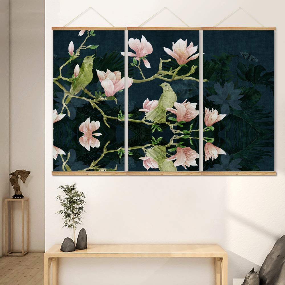 IDEA4WALL Magnetic Wooden Framed Wall Art - 3 Panel Green Leaves & Flowers Poster Print 18x36 Inches - Ready to Hang Home Decor for Living Room, Bedroom & Office
