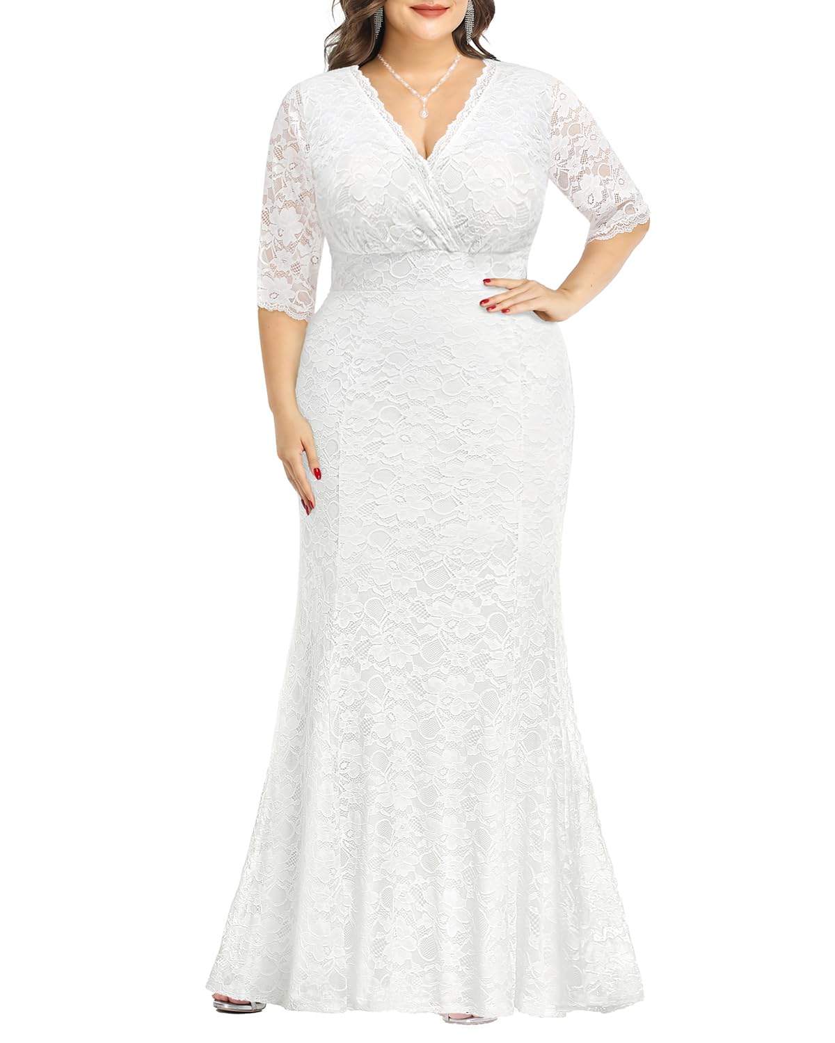 Plus Size Wedding Dresses for Bride - Elegant Mermaid Formal Evening Gown with Wrap Neck & Lace Details | Perfect for Beach Weddings, Vow Renewals & Special Occasions