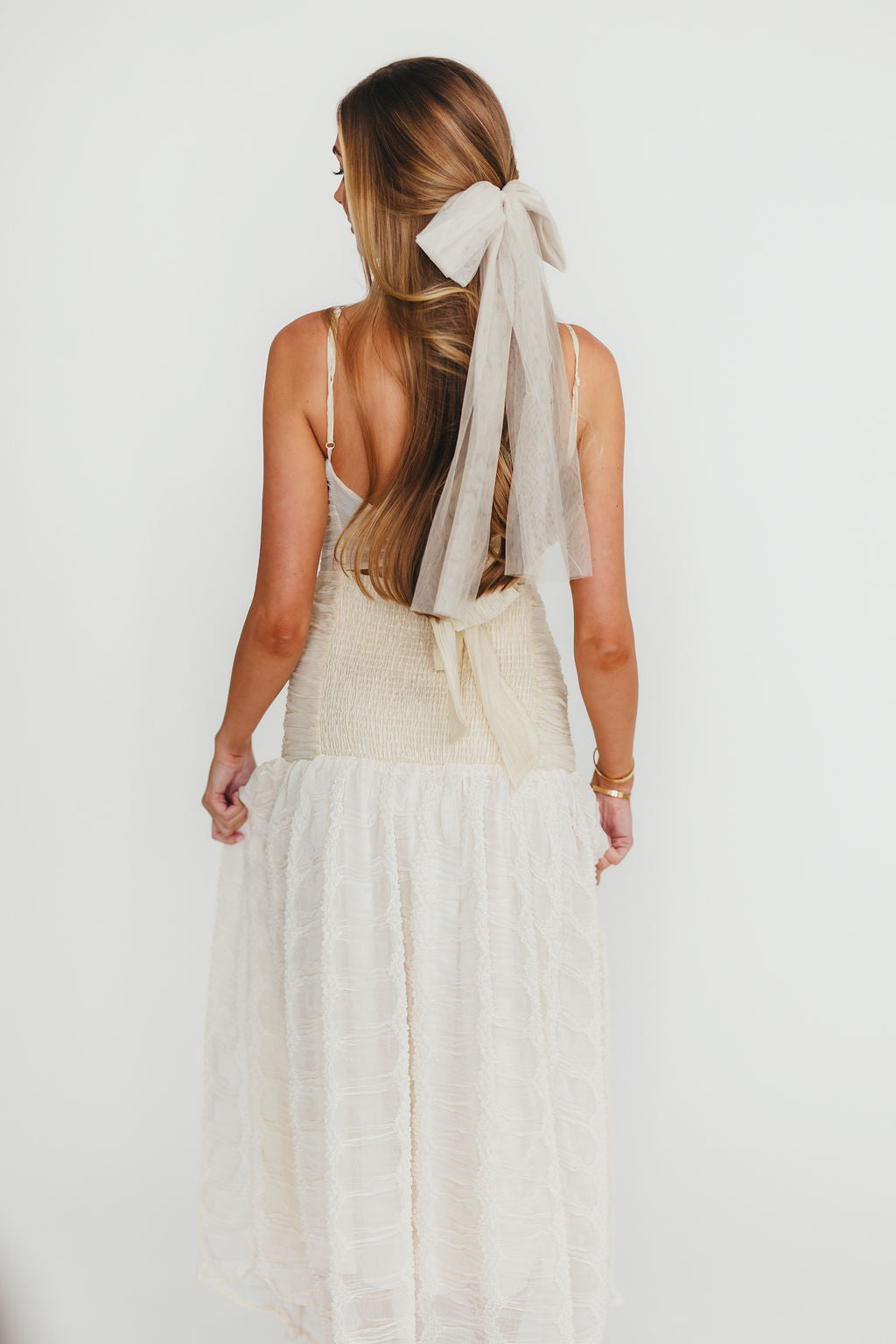 Rosie Ruched Maxi Dress with Bow Back Detail - Cream Elegant Formal Evening Gown for Weddings, Parties & Special Occasions