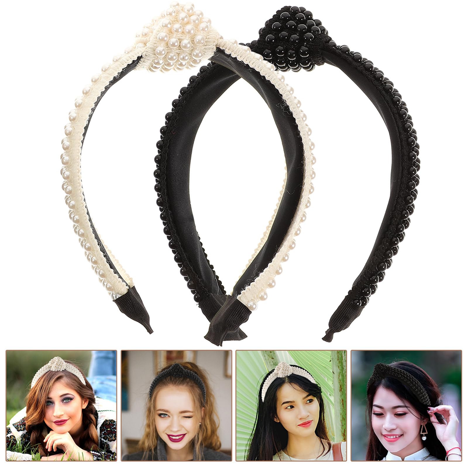Lurrose 2 Pack Pearl Headbands for Women - Elegant Twist Knot Wide Hair Hoop with Pearls, Plain Hard Headband for Girls (White & Black) | Perfect for Weddings, Parties, Prom and Everyday Fashion Accessories