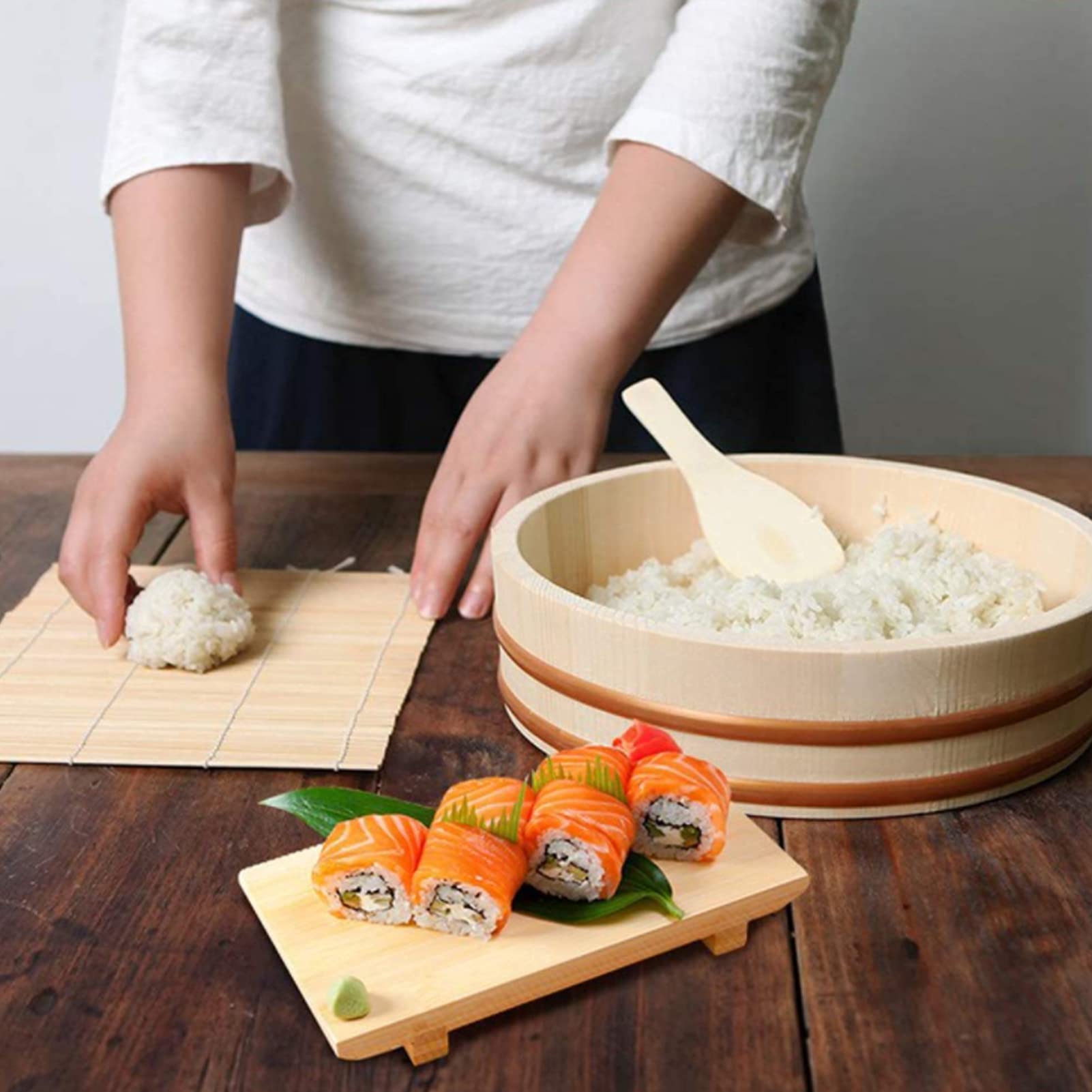 12 Sizes Solid Wood Sushi Rice Bowl with Copper Rim - 52cm/20.4in White Wooden Sushi Making Kit with Free Tools for Home, Restaurant & Japanese Cuisine Lovers