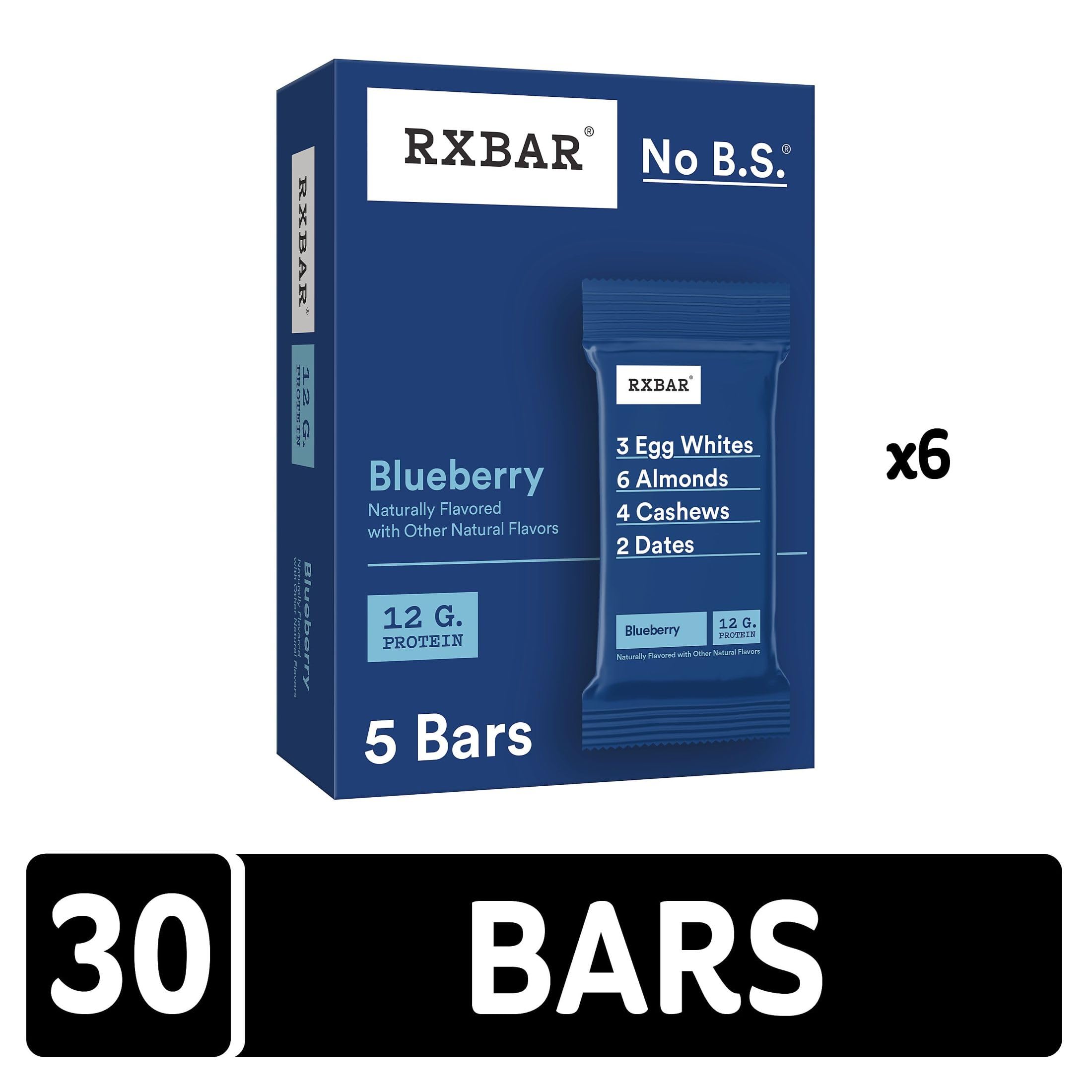 RXBAR Protein Bars - 12g Protein, Gluten Free, No Dairy, Non-GMO, Blueberry Flavor (6 Boxes, 30 Bars) | Healthy Snack for Workout, Hiking & On-the-Go Nutrition