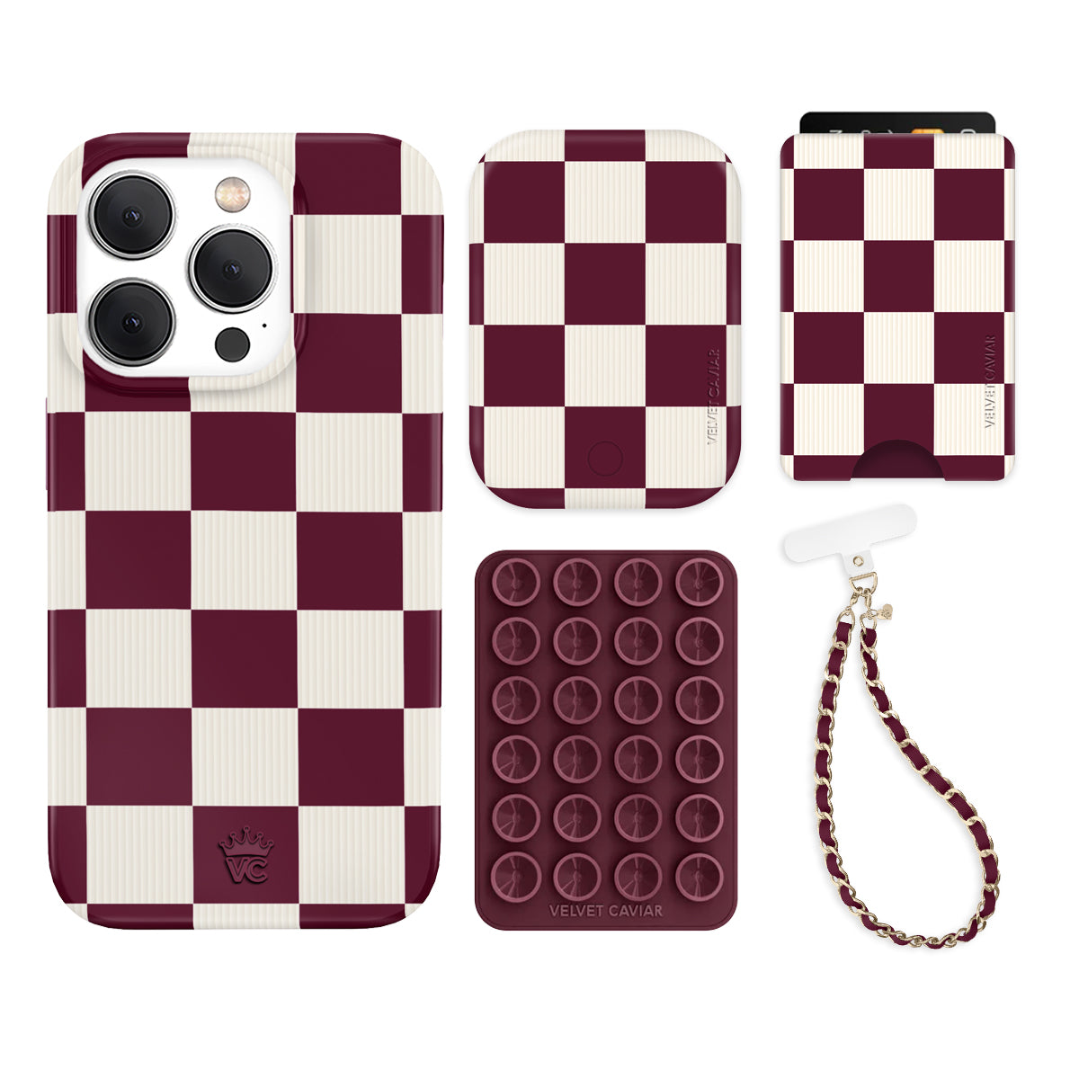 Burgundy Checkered iPhone Case with Wallet - Stylish Protective Phone Cover for iPhone 13/14/15 Pro Max | Perfect for Everyday Use, Travel & Shopping