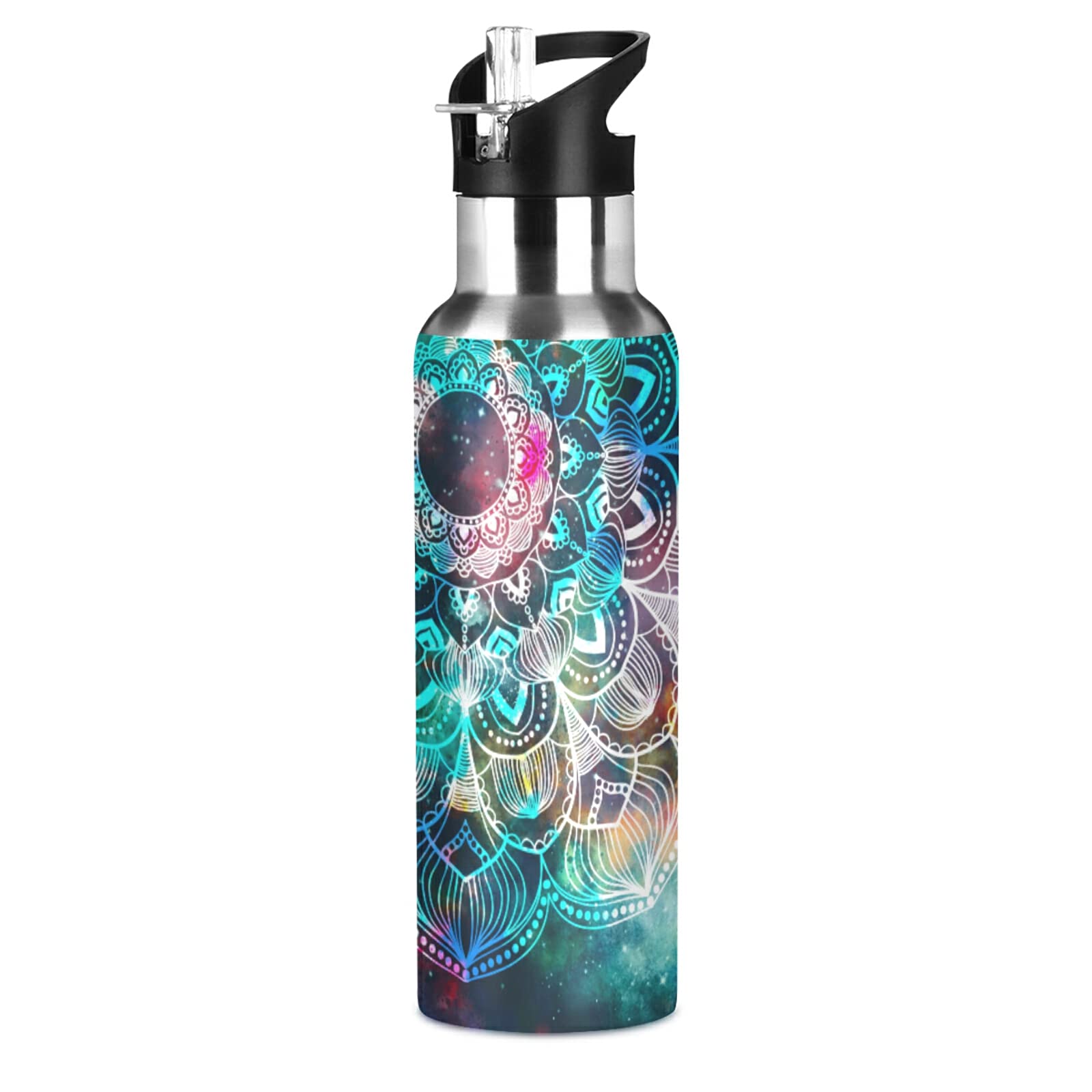 AUUXVA Mandala Galaxy Nebula Stainless Steel Water Bottle with Straw Lid - 20oz Vacuum Insulated Thermo Flask for Hot & Cold Drinks - Perfect for Gym, School, Hiking & Outdoor Activities - Ethnic Floral Design
