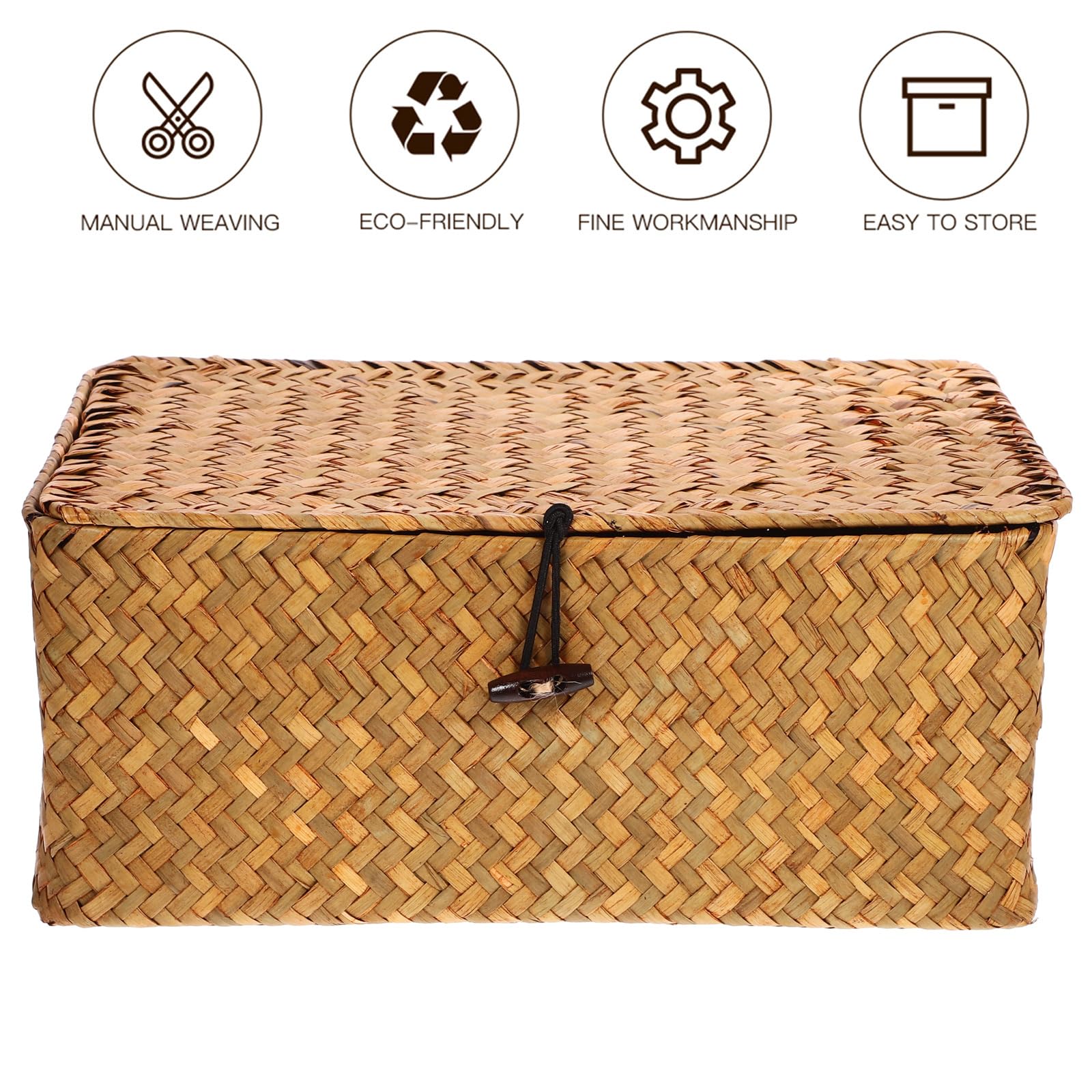 FOMIYES Seagrass Storage Baskets with Lid - Natural Woven Rectangular Wicker Bins for Home Organization | Shelf, Wardrobe & Closet Organizer | Perfect for Bedroom, Bathroom & Living Room Storage (Large Size)
