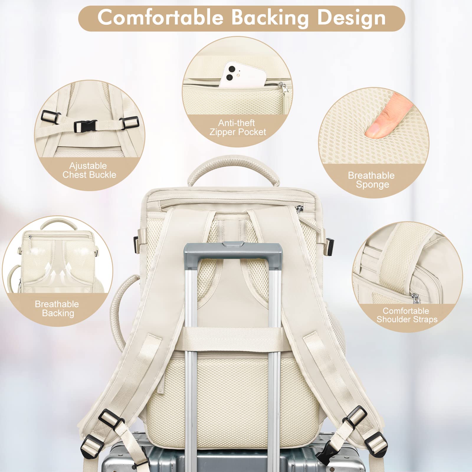 Airline Approved Carry-On Travel Backpack for Men & Women - Large Gym & Work Backpack Bag, Beige | Perfect for Business Trips, Gym, Hiking & Daily Commute