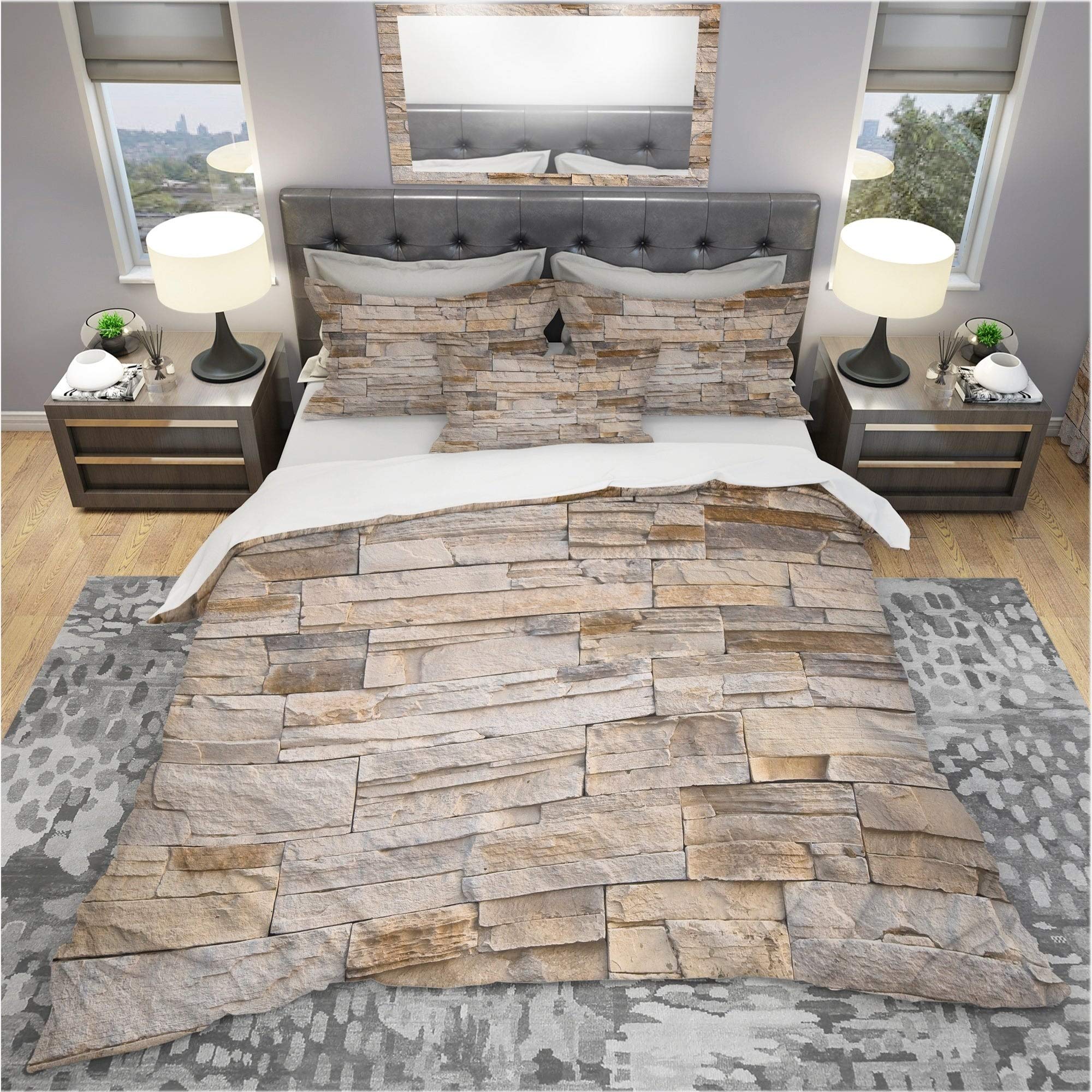DESIGN ART Designart 'Stone Wall with Beige Bricks' Modern & Contemporary Bedding Set - King Size Duvet Cover & 2 Shams (Comforter Not Included) for Luxury Bedroom Decor, Hotel Style Home Upgrade