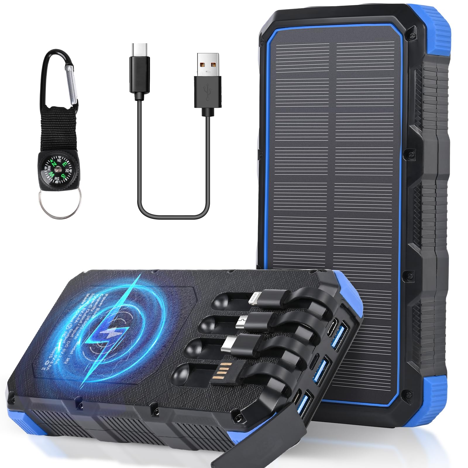 26800mAh Solar Power Bank with 15W Fast Charging & 4 Outputs - Portable Solar Charger for Smartphones, Tablets - Perfect for Camping, Hiking & Outdoor Adventures (Blue)