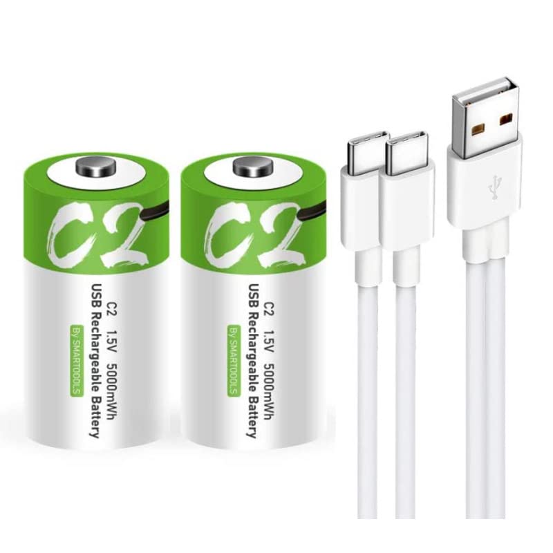 2-Pack C Size 1.5V 5000mWh Rechargeable Batteries with USB Type-C Fast Charging - Universal for Flashlights, Toys, and Electronics - Long Lasting Power Solution