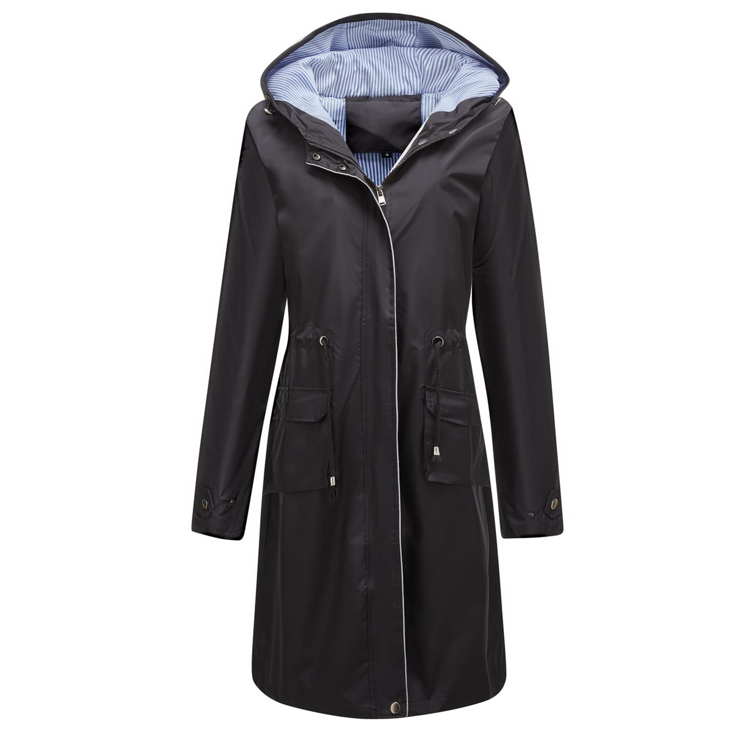 Women's Waterproof Hooded Rain Jacket - Long Windproof Midi Raincoat with Full Zip & Pockets for Outdoor Hiking, Commuting & Travel