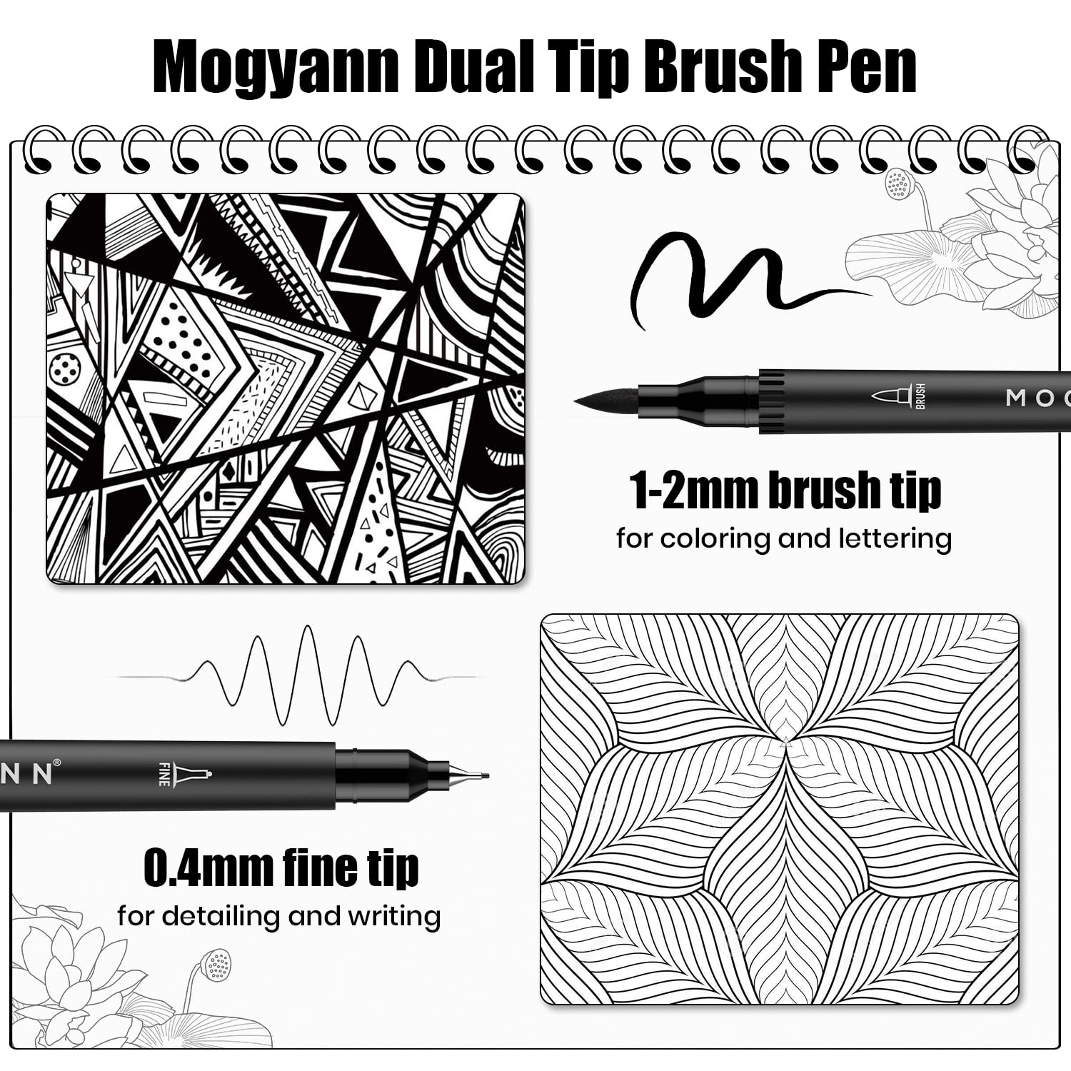 Mogyann 12 Pack Dual Tip Brush Pens - Black Fine & Broad Markers for Art Drawing, Sketching, Calligraphy & Hand Lettering - Perfect for Artists, Students & DIY Craft Projects