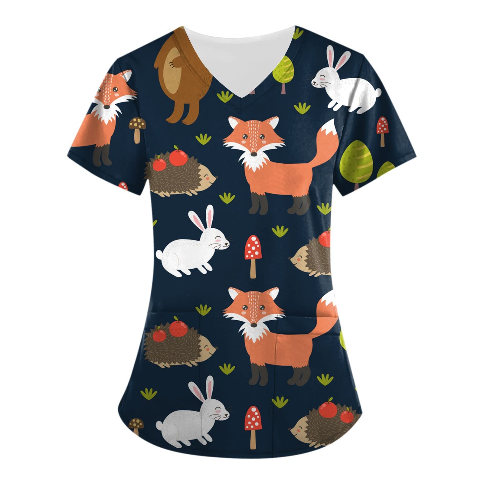 Women's V-Neck Short Sleeve Summer Scrub Tops - Cute Animal Print Workwear with Pockets | Comfortable Nursing Uniform for Healthcare Professionals & Medical Staff