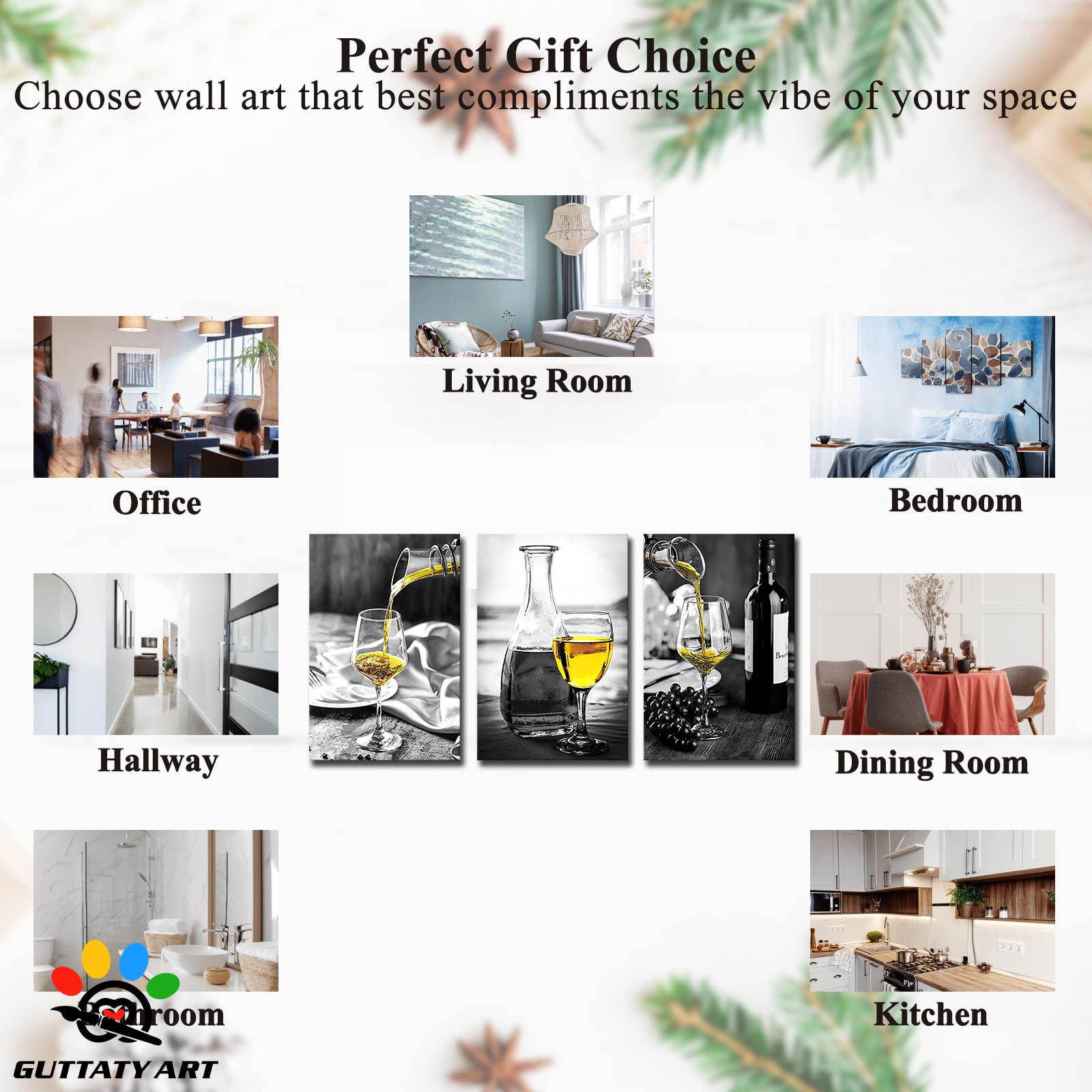 Modern Black & White Dining Room Wall Art - 3-Piece Canvas Prints of Yellow Wine Glasses (24x36 Inches) | Ready to Hang Kitchen & Living Room Decor | Perfect for Home Dining Areas & Entertaining Spaces