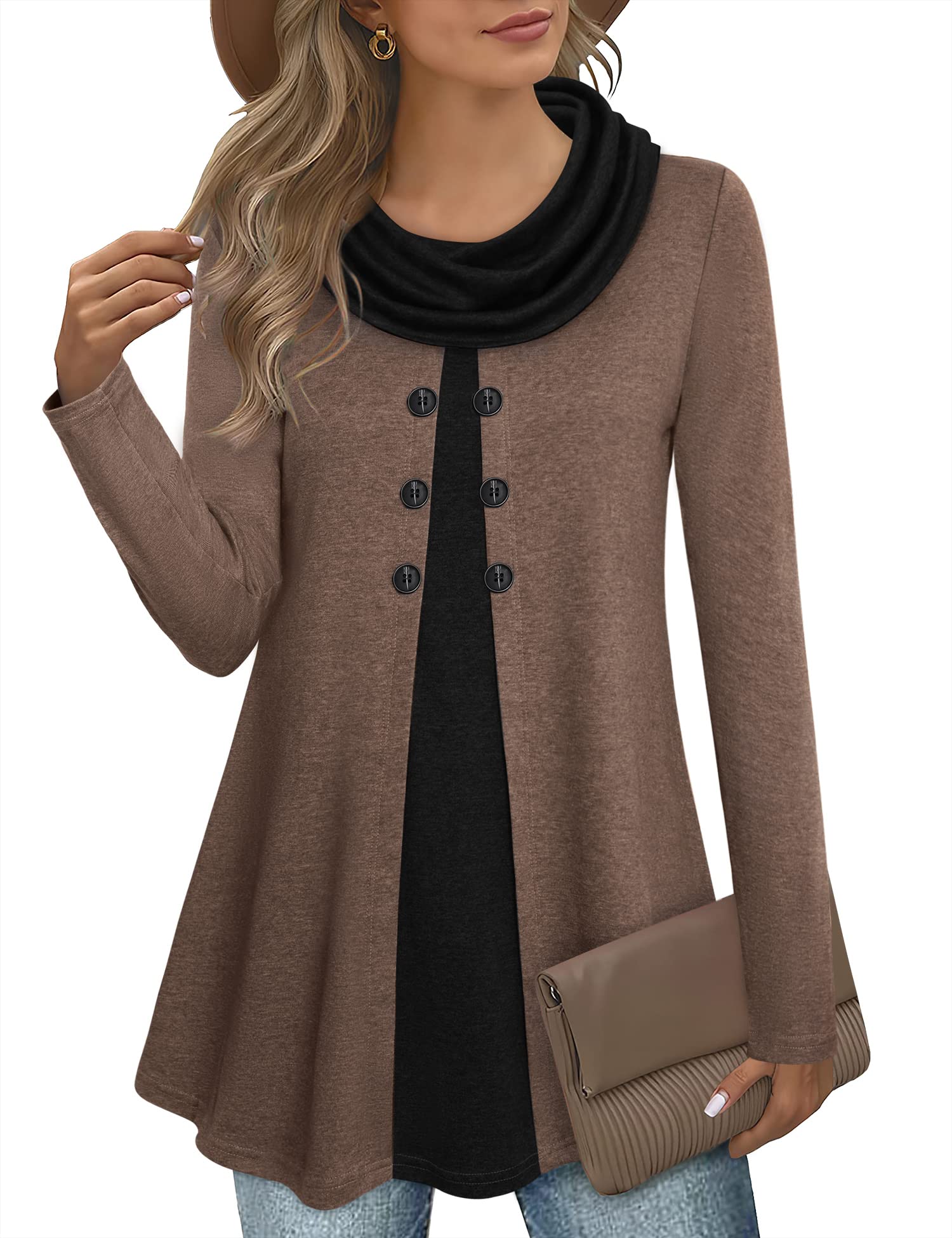 Bebonnie Women's Long Sleeve Cowl Neck Warm Button-Down Tunic Top - Stylish Winter Layering Piece for Work & Casual Outfits