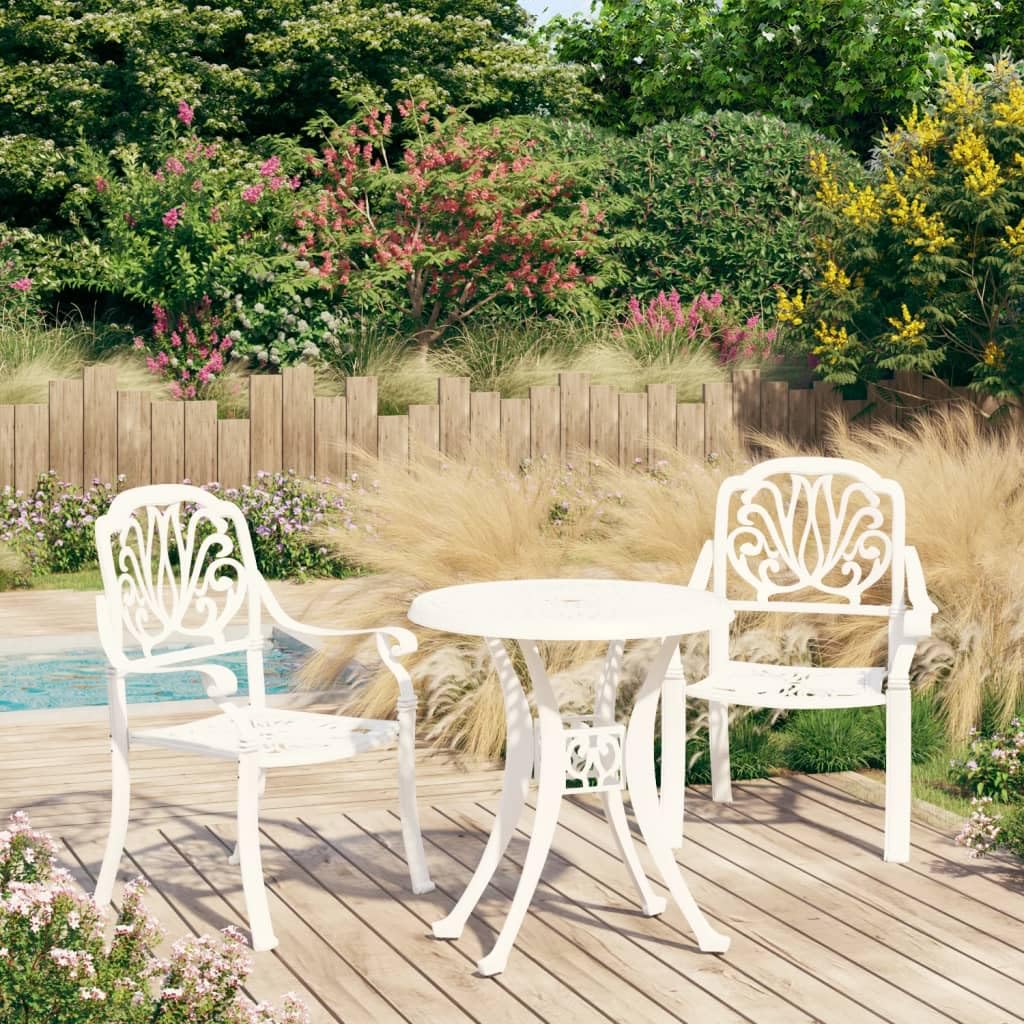 vidaXL 3-Piece Bistro Set - White Cast Aluminum Outdoor Table and Chairs for Balcony, Yard, Park | Industrial Style Patio Furniture for Relaxing & Entertaining