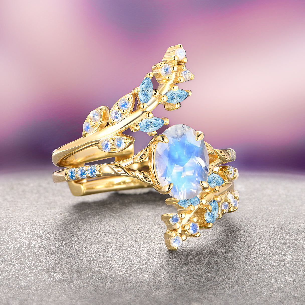 Moonstone & Aquamarine Leaf Engagement Ring Set in 14K Solid Yellow Gold - Perfect for Weddings, Anniversaries & Romantic Gifts