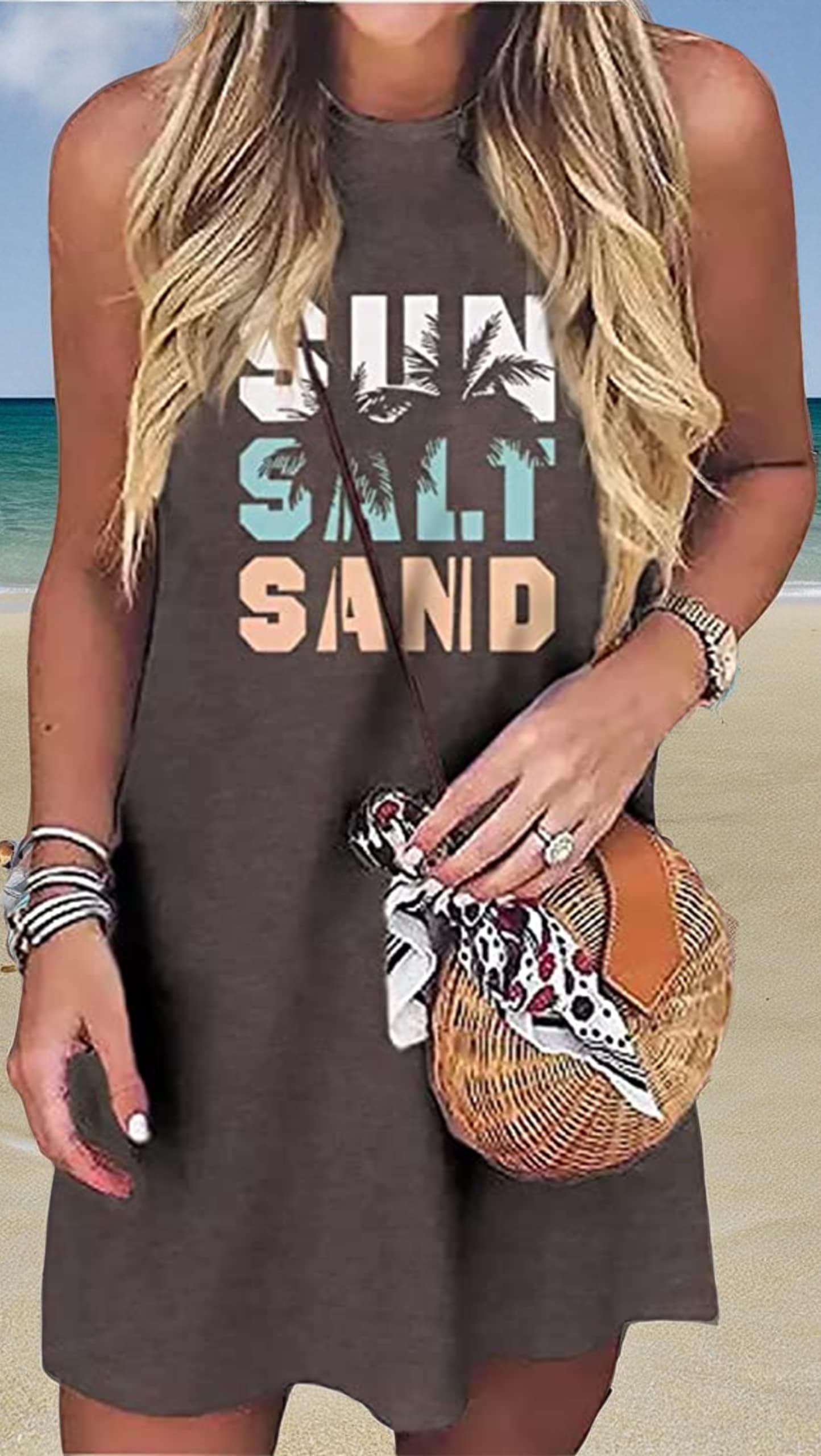 Women's Sun Salt Sand Coconut Tree Tank Mini Dress - Casual Loose Sleeveless Beach Party Shirt for Summer Vacation | Perfect for Beach Outings, Pool Parties & Tropical Getaways