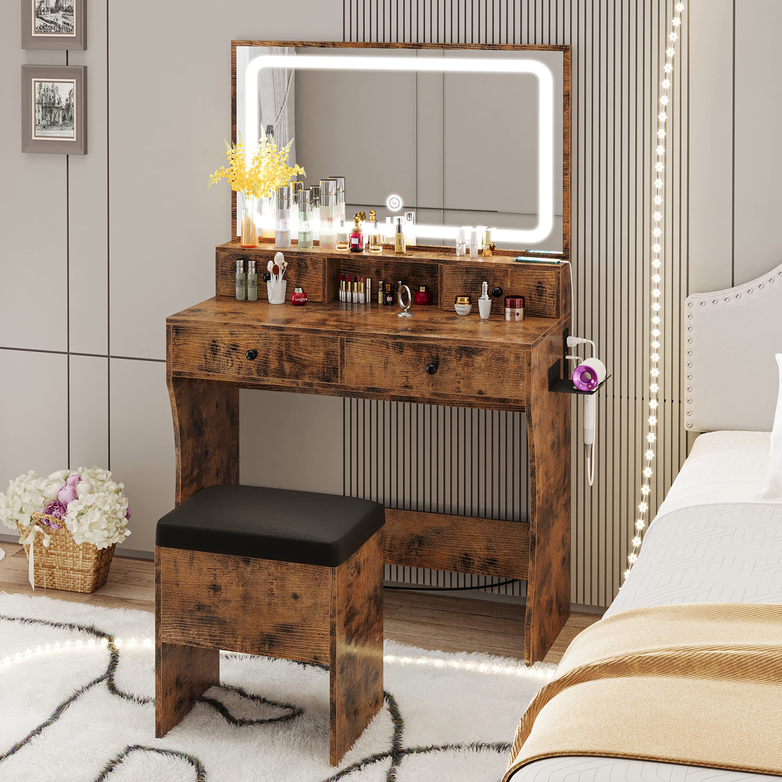 LIKIMIO Vanity Desk with LED Lighted Mirror, Power Outlet, 4 Drawers & Stool - Vintage Brown Dressing Makeup Table Set with Hair Dryer Stand | Perfect for Bedroom, Bathroom & Salon Organization