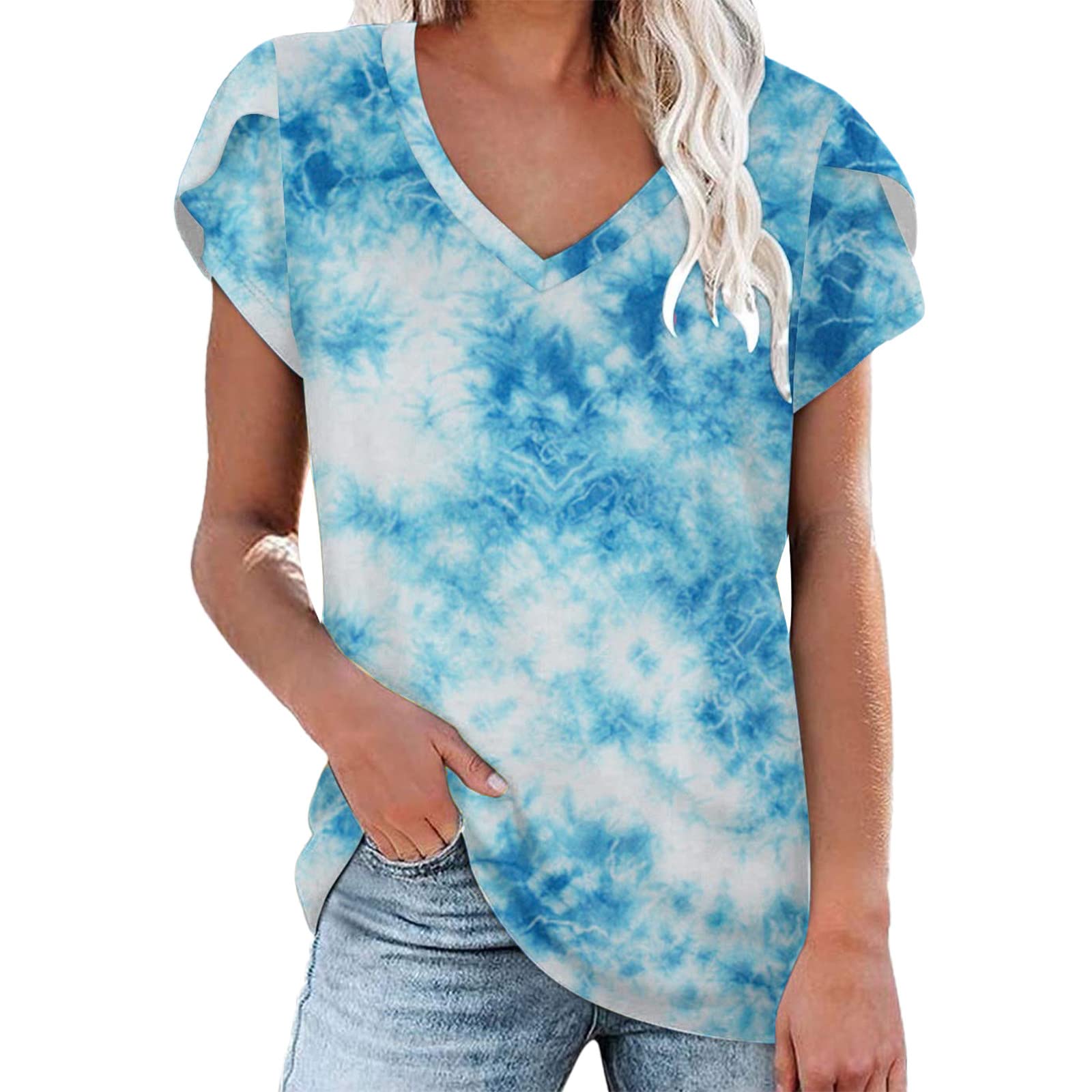 Women's Floral Print V-Neck Casual T-Shirt - Short Sleeve Summer Blouse with Petal Sleeve Design for Everyday Wear, Outings & Date Nights