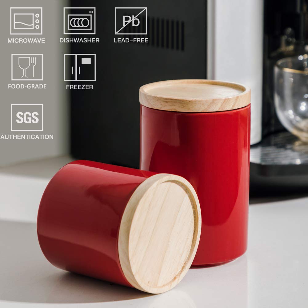 Sweejar 16oz Ceramic Food Storage Canisters with Airtight Wooden Lid - Stackable Kitchen Containers for Coffee, Tea, Sugar, Salt, Flour & Spices | Perfect for Pantry Organization & Countertop Display (Red)