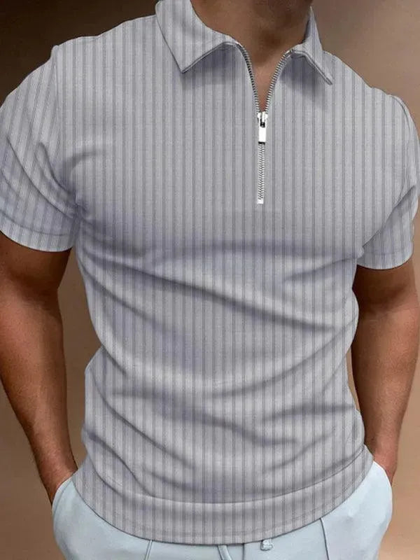 Men's Striped Short Sleeve Polo Shirt with Zipper - Casual Summer Wear for Golf, Office & Outdoor Activities