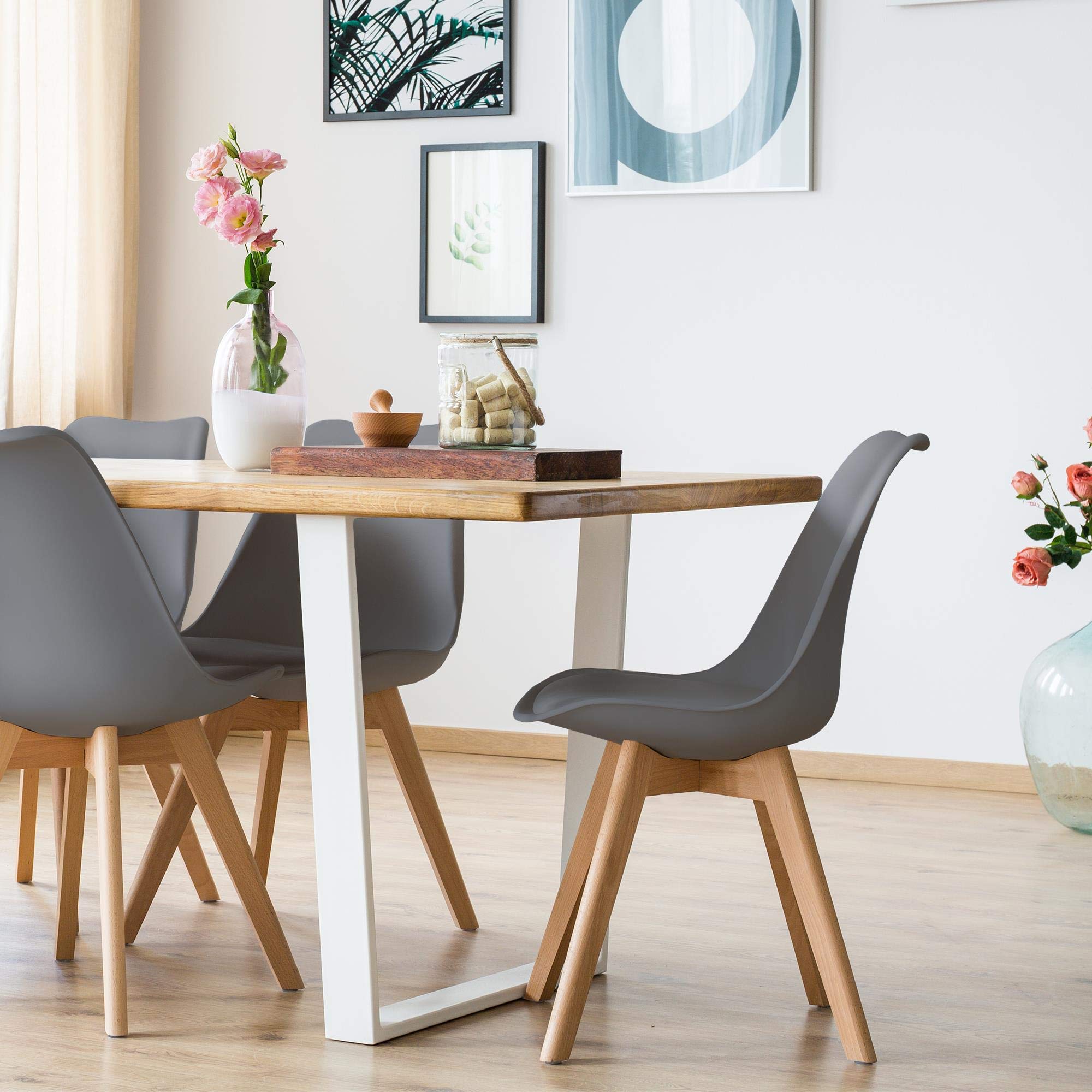 Yaheetech Modern Mid Century Dining Chairs Set of 4 - Upholstered PU Shell Accent Chairs with Beech Wood Legs, Eiffel Inspired Design in Dark Gray - Perfect for Dining Room, Living Room, Bedroom or Kitchen Seating