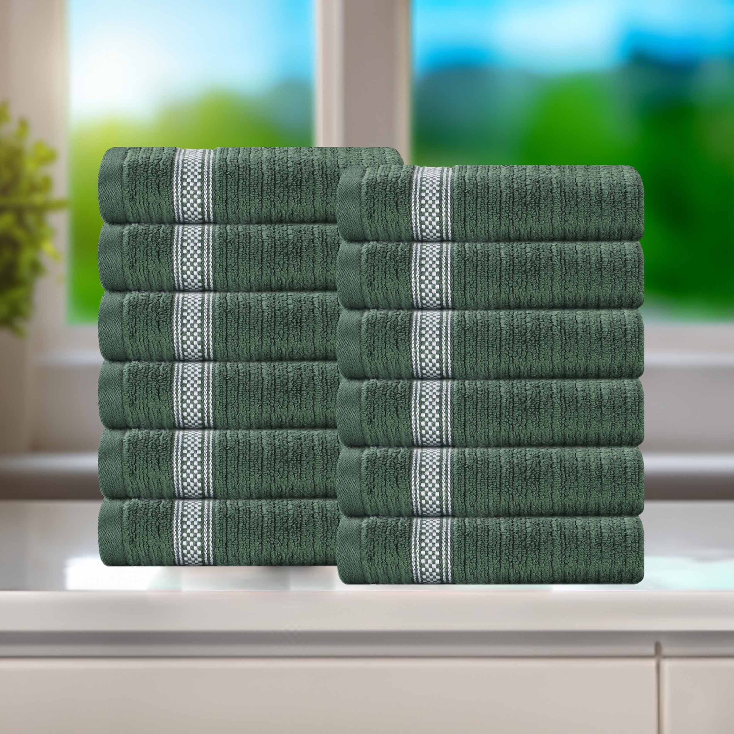 12-Pack Zero Twist Cotton Ribbed Geometric Border Plush Face Towels | Ultra Soft Bath & Hand Towels for Spa, Gym, Travel & Home Use
