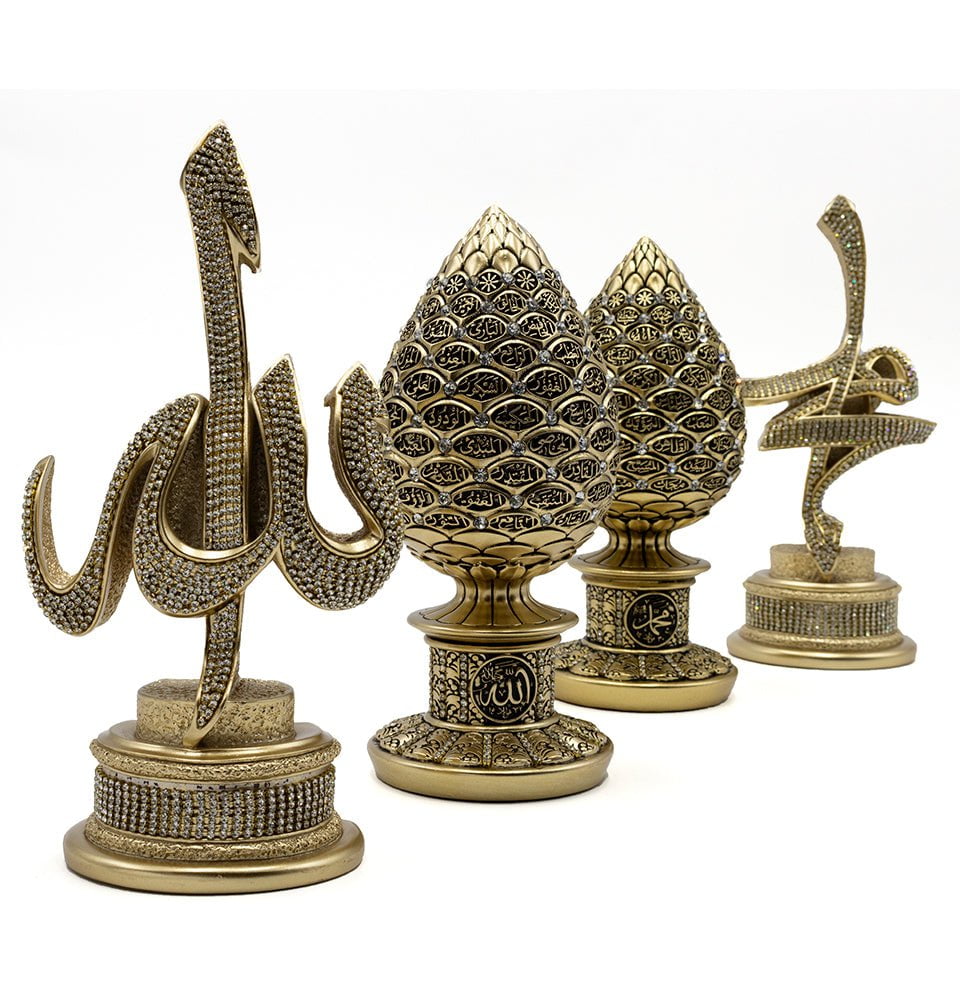 Islamic Table Decor 4 Piece Set - Allah & Muhammad with 99 Names Eggs in Gold | Eid Gift, Ramadan Decoration, Muslim Home Decor, Prayer Room Centerpiece