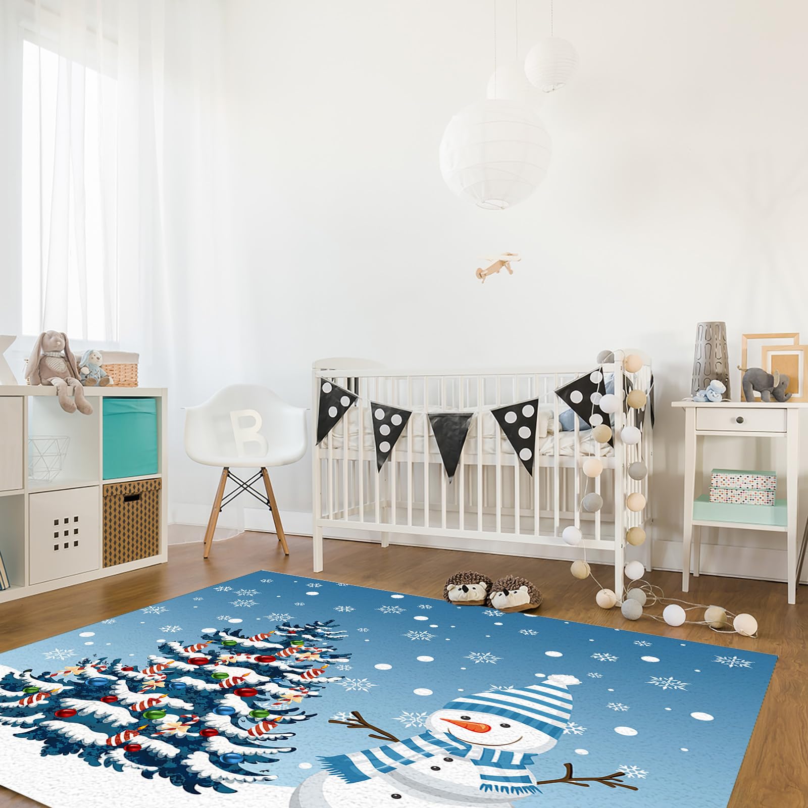 Blue Christmas Snowman Area Rug - Non-Slip Washable Xmas Tree with Balls & Snowflake Design - 4x6 Ft Indoor Floor Mat for Living Room, Bedroom, Dining Room - Perfect Holiday Home Decor (Great for Cozy Winter Gatherings & Festive Celebrations)