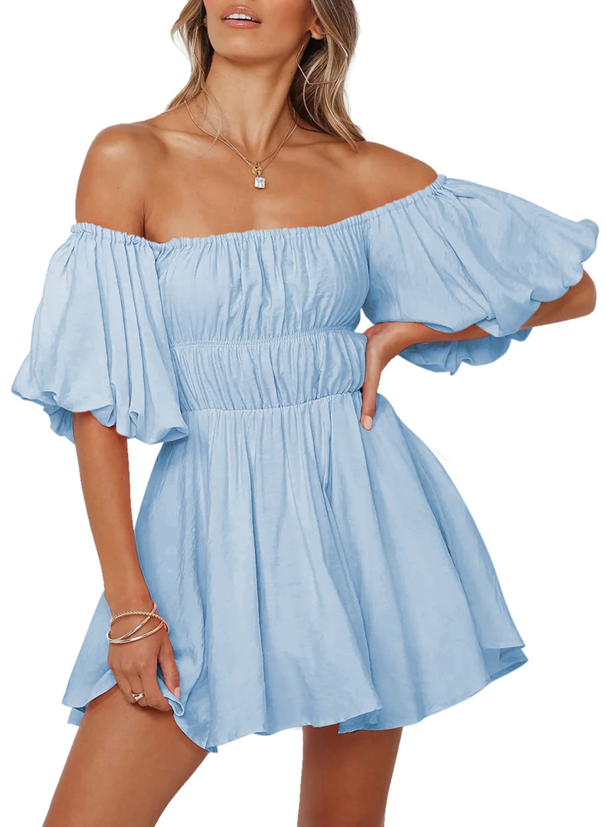 Dokotoo Women's Off Shoulder Summer Dress 2025 - Short Lantern Sleeve, Ruffle Trim, Elastic Waist A-Line Mini Dress for Beach, Vacation & Casual Outings