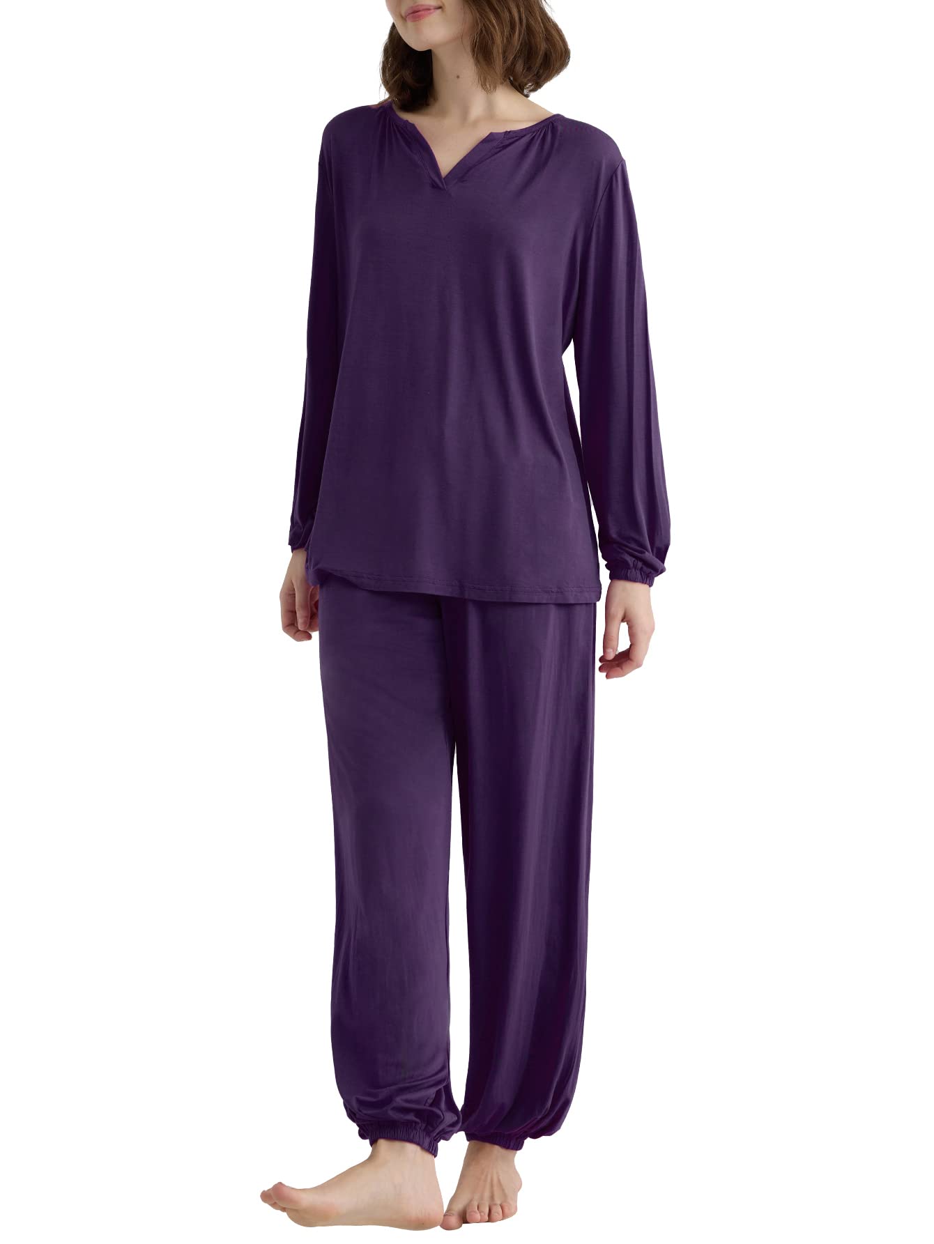 Comfortable Women's Viscose Palazzo Lounge Pants & Long Sleeve Pajama Set - Soft Sleepwear for Relaxing at Home, Lounging & Travel