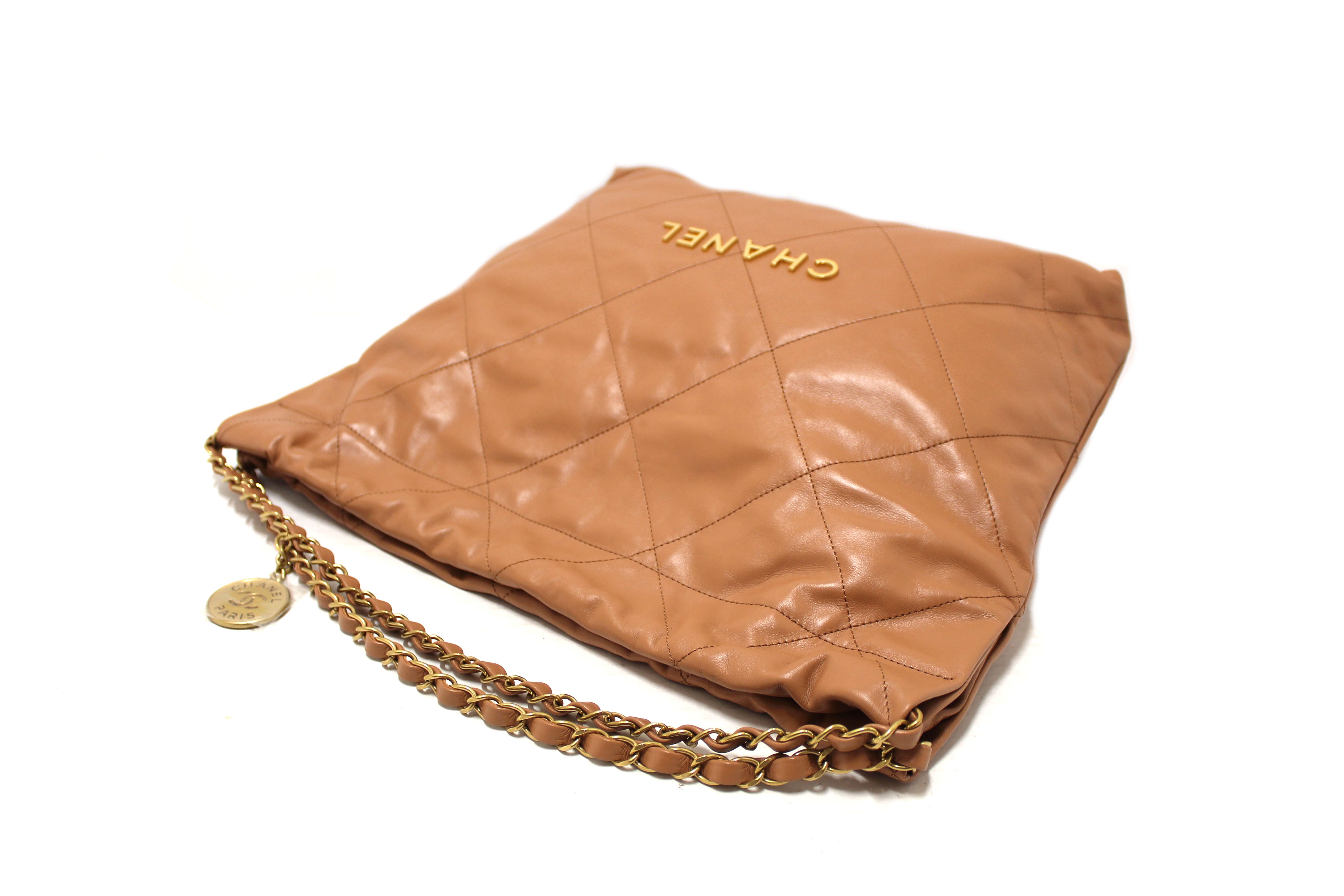 Authentic Chanel 22 Bag in Camel - Shiny Calfskin Leather Shoulder Tote for Women | Luxury Designer Handbag for Work, Travel & Everyday Use
