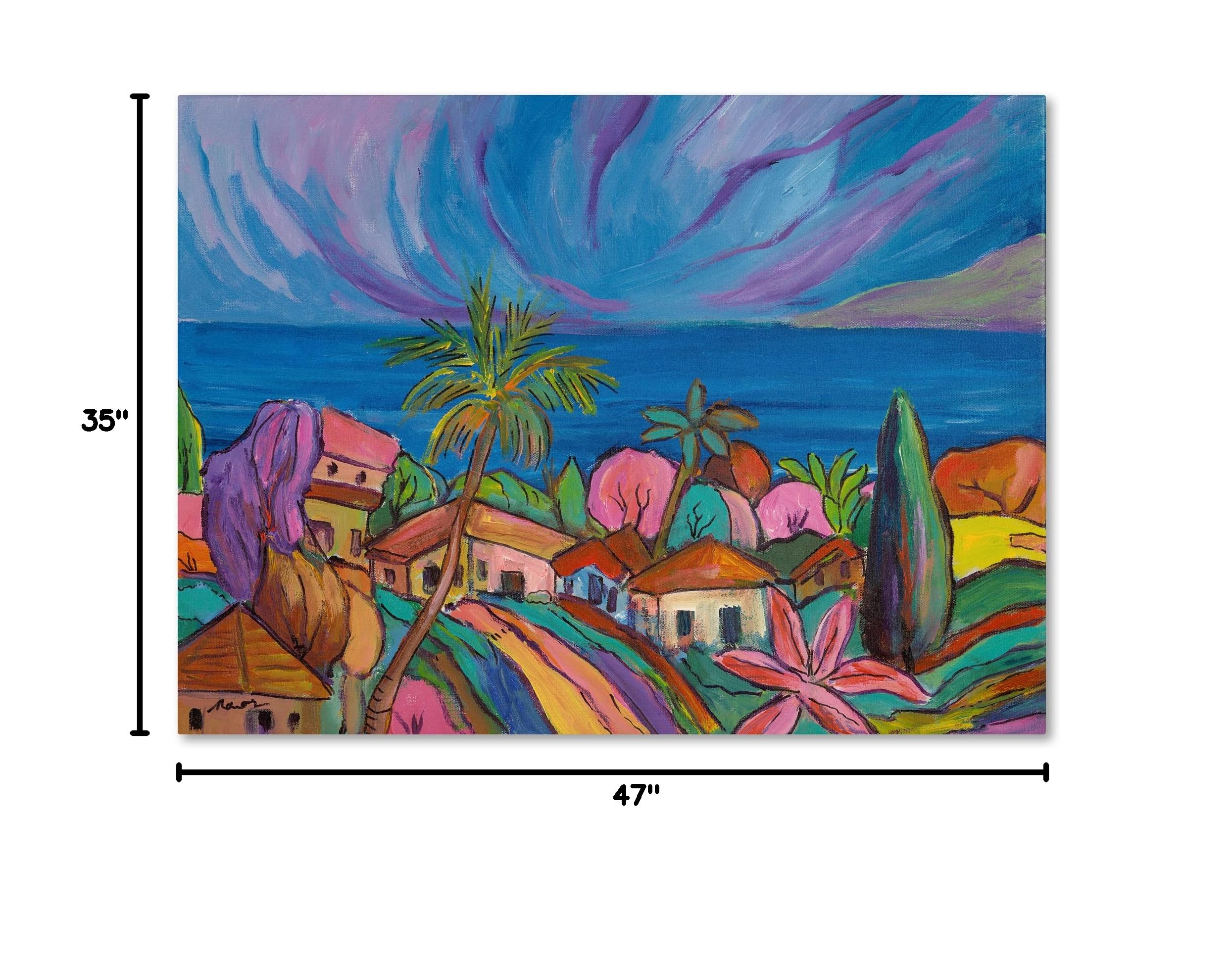Trademark Fine Art - Houses Under a Purple Sky Canvas Painting by Manor Shadian, 35x47 Inch - Modern Wall Art for Living Room, Bedroom & Office Decor
