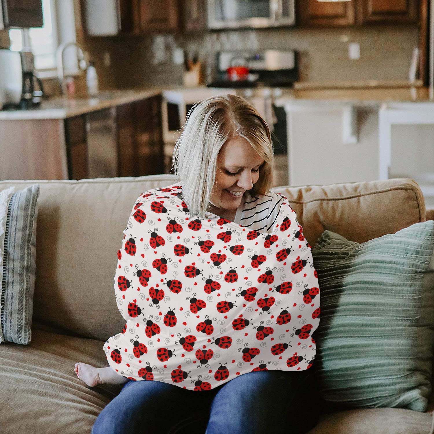 Soft Cotton Nursing Cover for Breastfeeding - Multi-Use Baby Car Seat Cover, Shopping Cart Canopy & Stroller Blanket - Cute Ladybug Pattern - Perfect for Moms On-The-Go