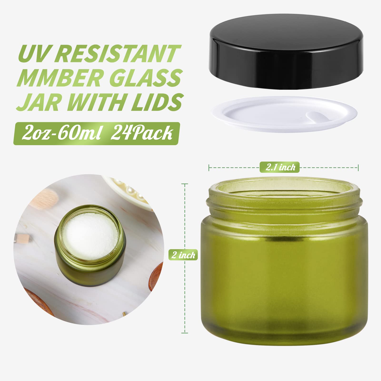 24 Pack 2oz Frosted Glass Jars with Black Lids - Airtight Round Cosmetic Containers for Storing Lotions, Powders & Ointments - Perfect for DIY Skincare, Spice Storage and Travel Toiletries