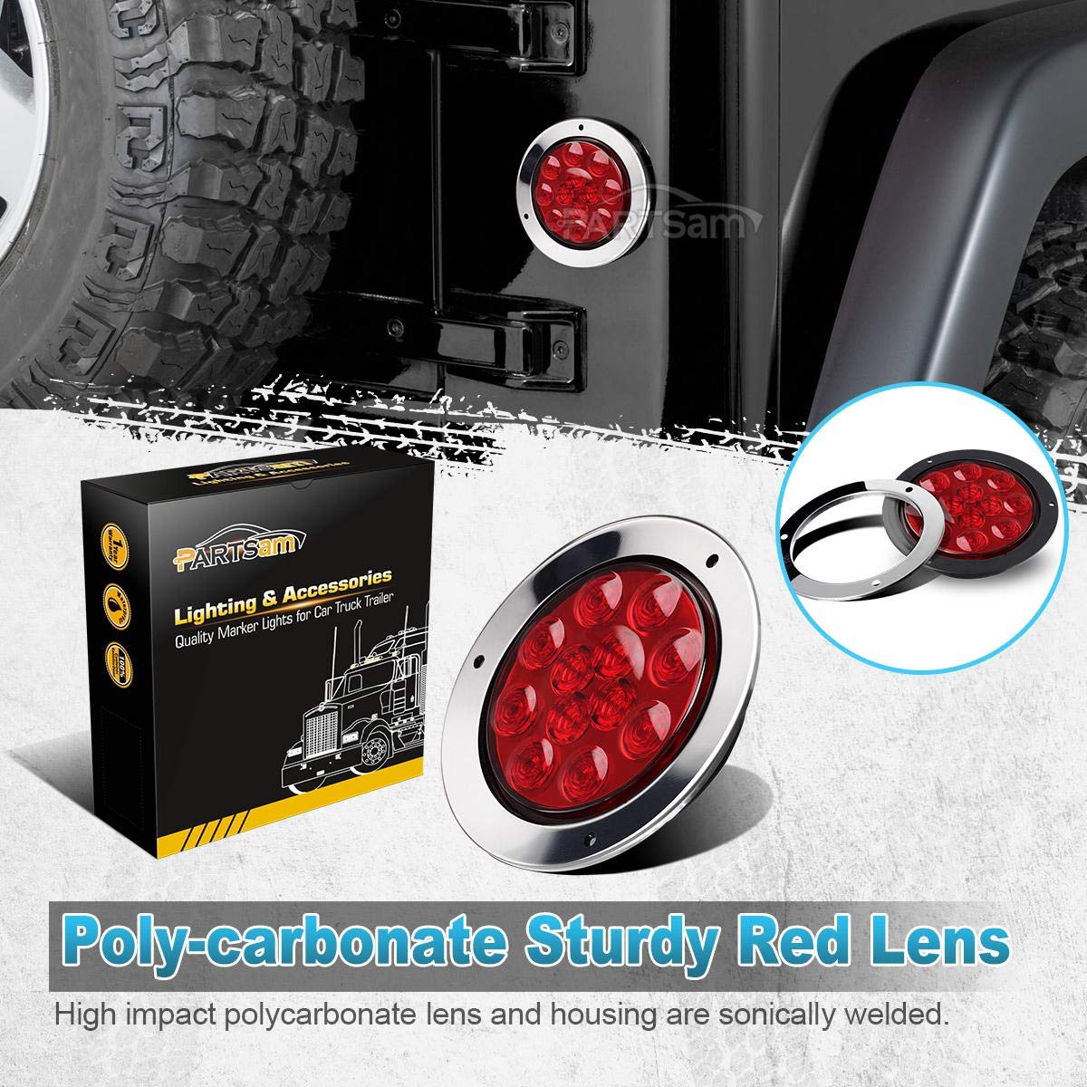 Partsam 8Pcs 4 Inch Round LED Stop Turn Tail Lights - Red 12LED Flange Mount for Trucks, Trailers & RVs - Waterproof Brake, Turn Signal & Running Lights with Chrome Bezels - 12V DC - Ideal for Heavy-Duty Vehicles & Off-Road Adventures