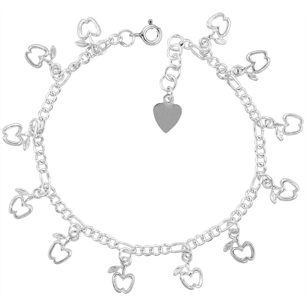 Sterling Silver Dangling Apple Anklet for Women - 14mm Drop Charm Adjustable 9-10 Inch Ankle Chain - Perfect for Summer Outfits, Beach Vacations & Boho Style Accessories