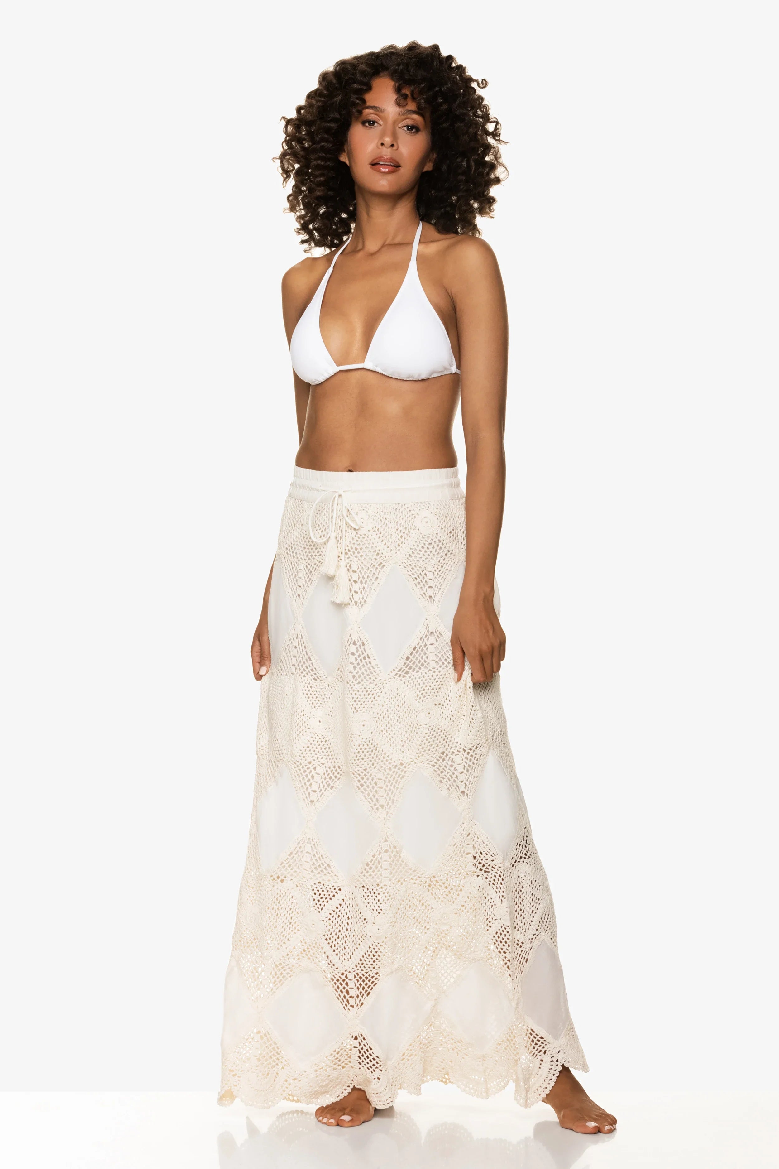 Elegant Scallop Crochet Maxi Skirt & Bandeau Dress Set in Ivory - Perfect for Beach Vacations, Summer Weddings & Boho Fashion