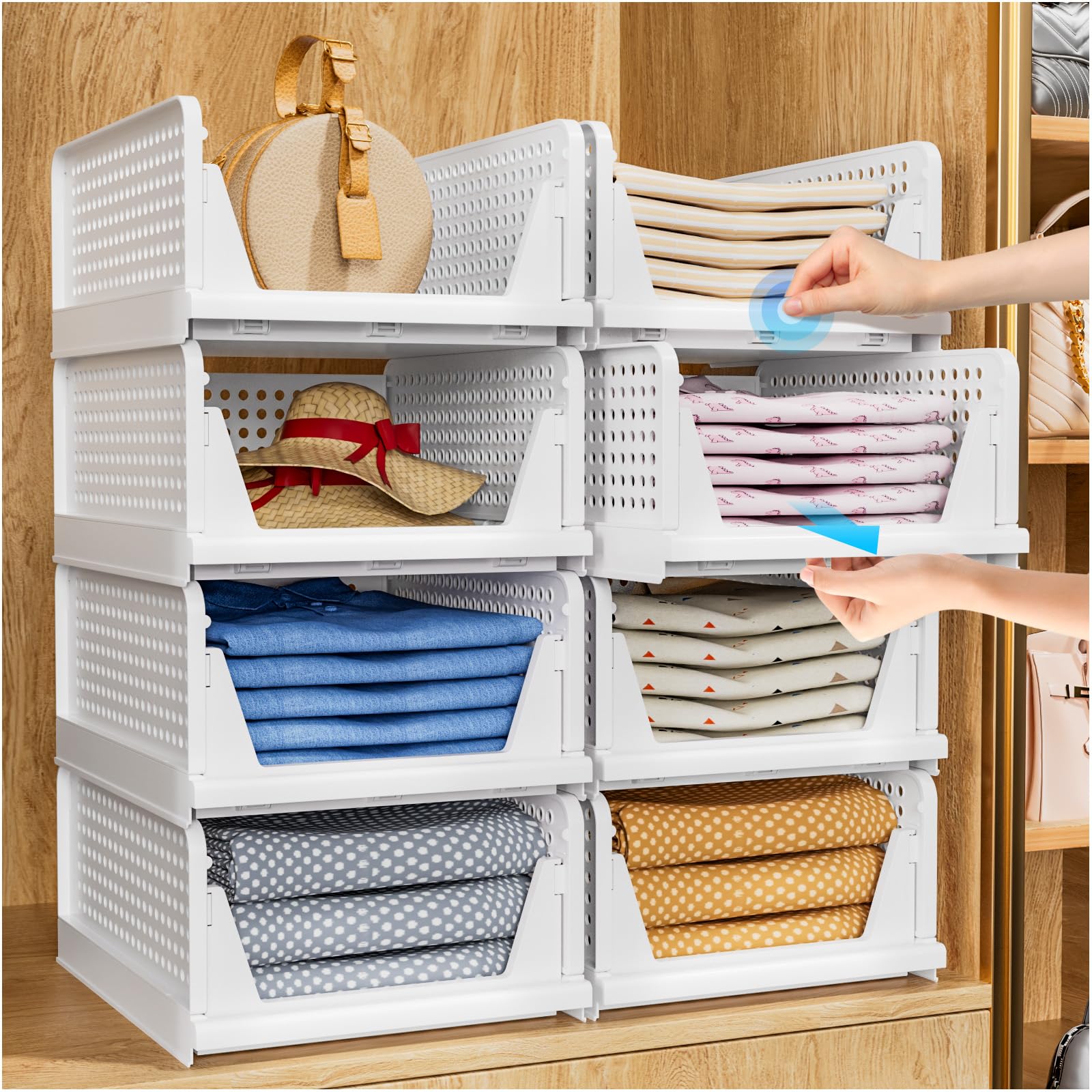 TidyIsles - 4 Pack Foldable Closet Organizer & Stackable Storage Boxes, Plastic Drawer Baskets for Bedroom, Kitchen, Bathroom Organization (White) | Perfect for Closet Shelving, Underbed Storage & Small Space Organization