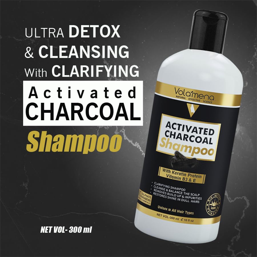 VOLAMENA Activated Charcoal Shampoo for Dandruff & Hair Fall Control - 300ml | Deep Cleansing & Scalp Care | Perfect for Daily Use & Sensitive Scalp