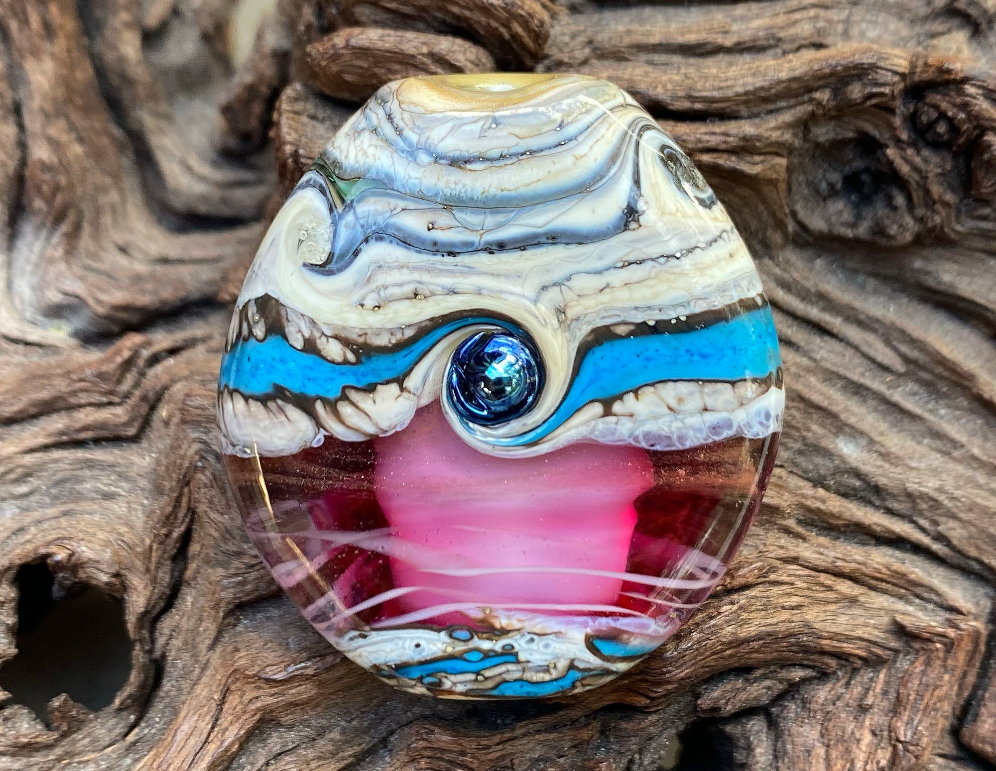 Handmade Turquoise Pink Organic Lampwork Glass Focal Bead for Jewelry Making - Perfect for Necklaces, Bracelets & DIY Craft Projects