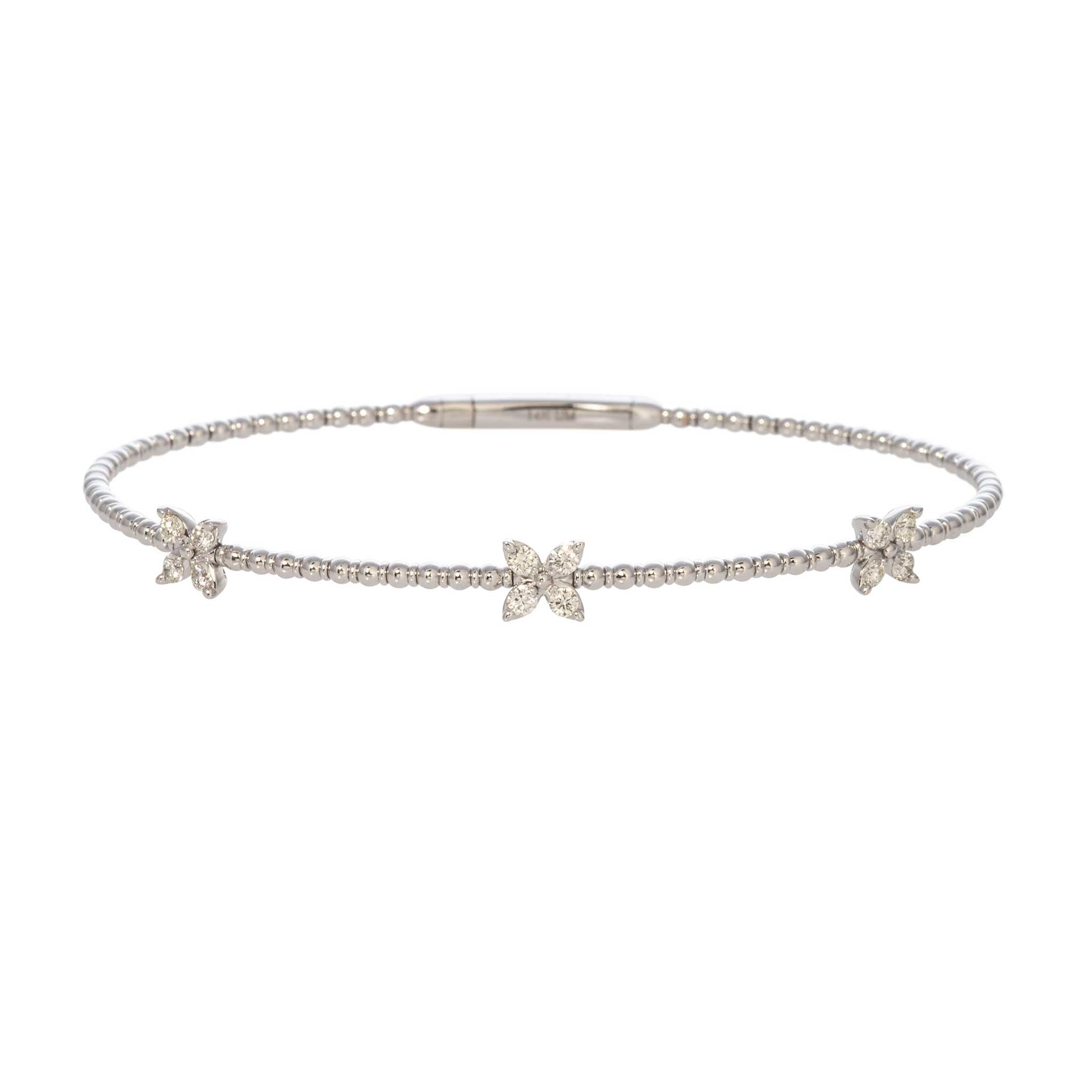 14K White Gold Diamond Flower 3-Station Flexible Bangle Bracelet for Women - Perfect for Weddings, Anniversaries & Special Occasions