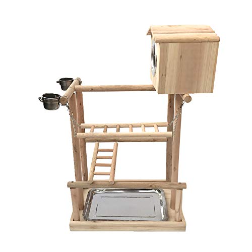 Natural Wood Bird Perch Stand with Bird House - Parrot Toy Playground, Swing, Bridge & Ladder for Macaw, Cockatiel, Budgie, Conure - Cage Accessories for Climbing, Playing & Resting - Perfect for Bird Cages, Aviaries & Pet Play Areas