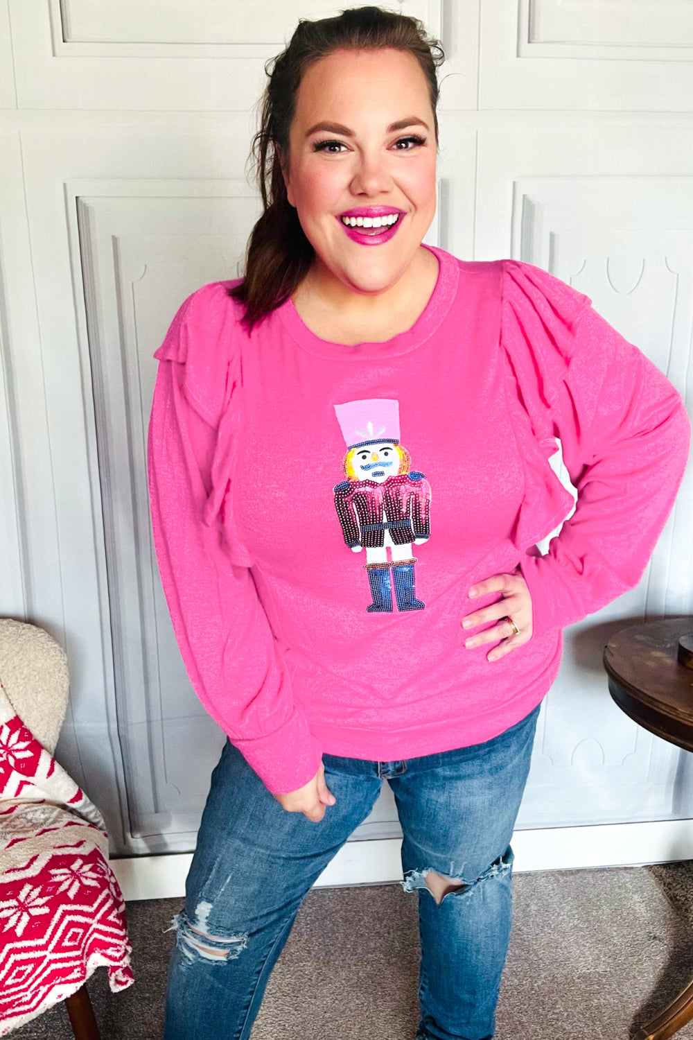 Festive Hot Pink Sequin Nutcracker Christmas Sweater with Ruffle Hacci Knit - Perfect for Holiday Parties, Ugly Sweater Contests & Winter Gatherings