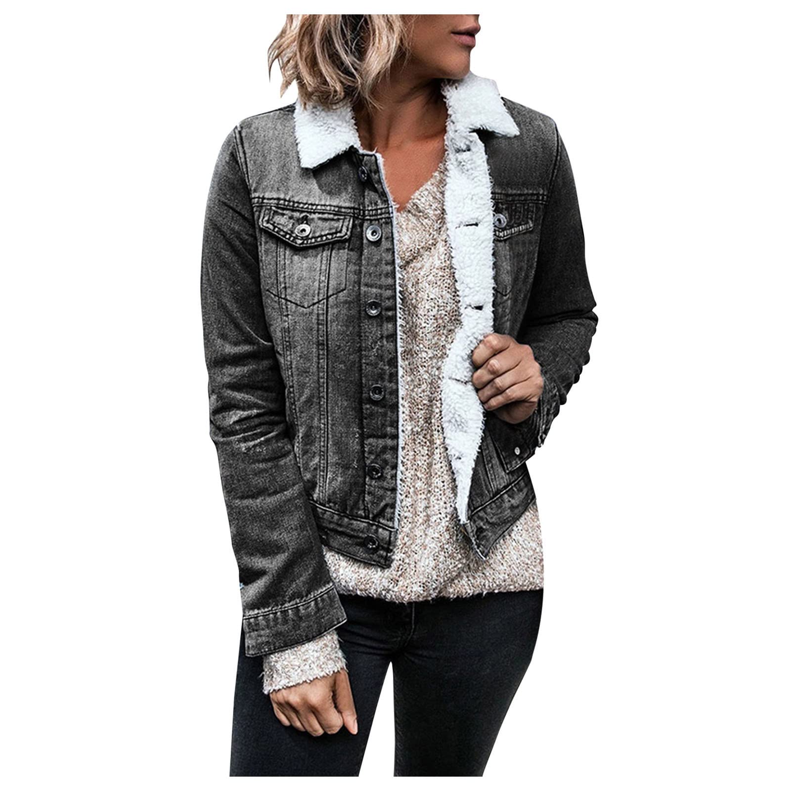 Vintage Women's Denim Jacket - Distressed Short Jean Coat with Fleece Lining & Button Down Design | Water-Resistant Rain Jacket for Women | Perfect for Casual Outfits, Fall Layering & Outdoor Adventures